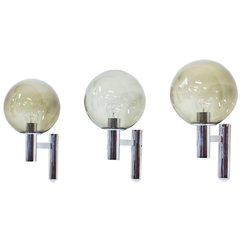 Smoked Glass and Chrome Wall Lamps, Italy, 1960s, Set of Three