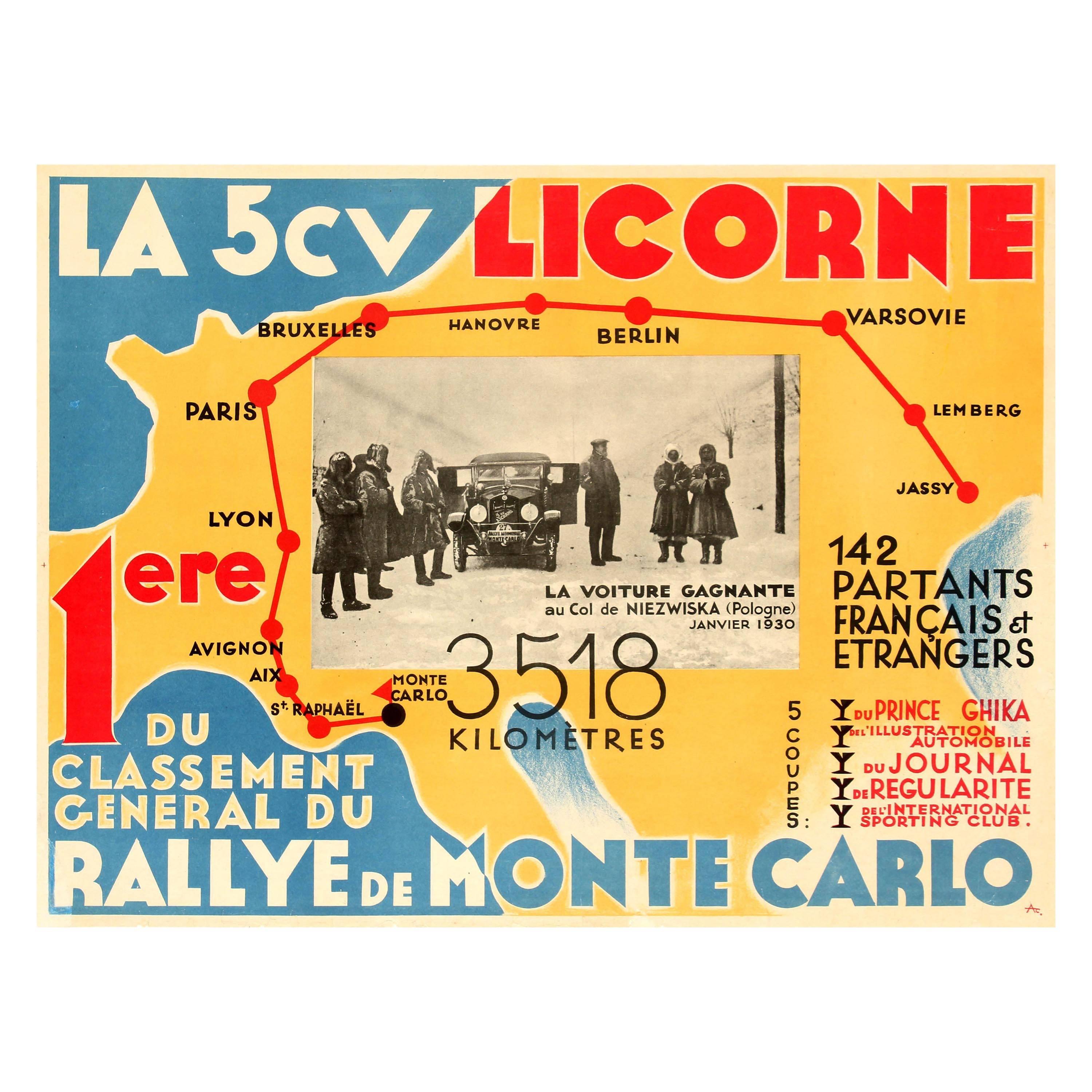 Original Vintage Car Racing Poster - La 5cv Licorne Rallye De Monte Carlo Rally