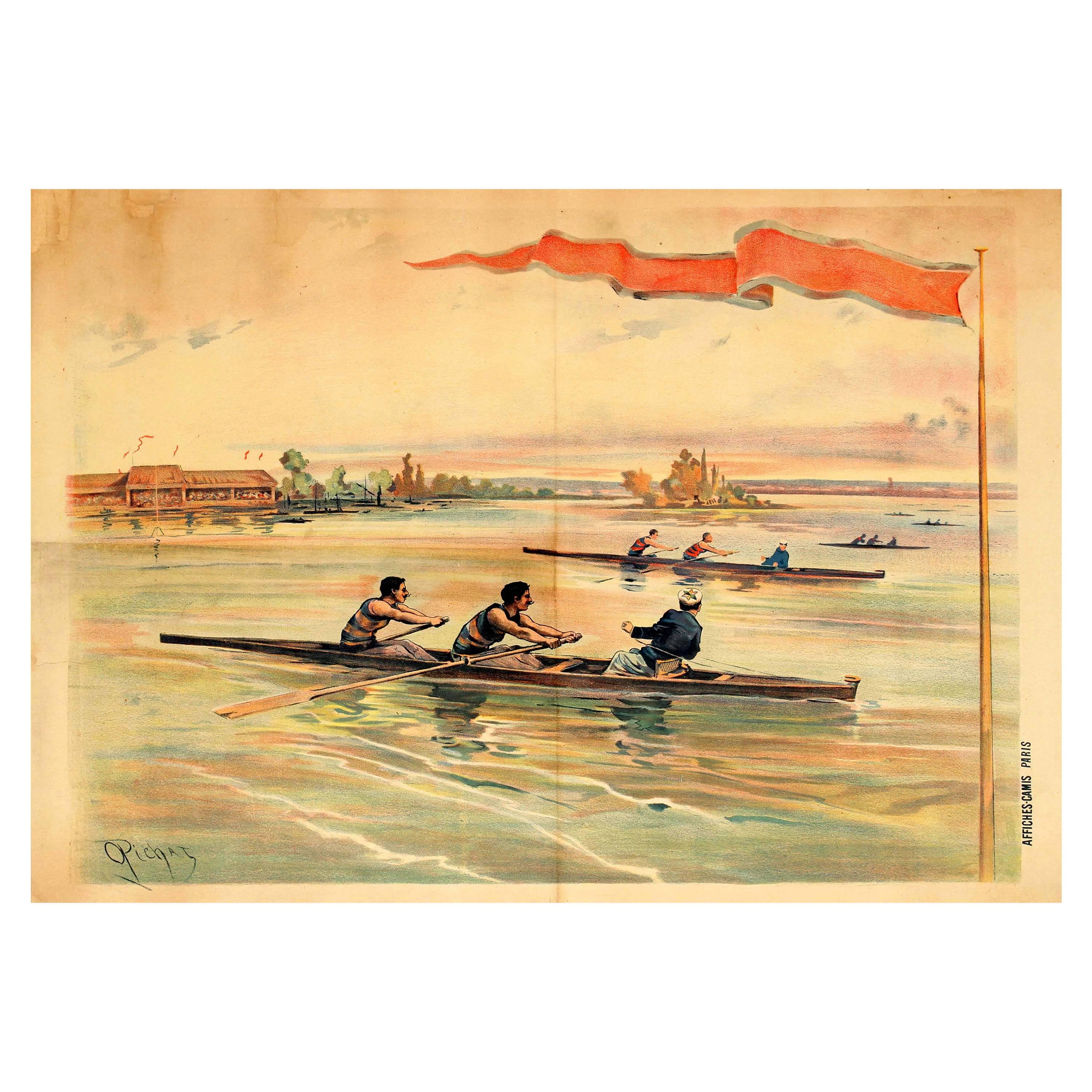 Original Antique Boat Race Poster by Pichat Featuring a Coxed Pair Rowing Race