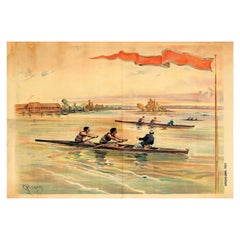 Original Antique Boat Race Poster by Pichat Featuring a Coxed Pair Rowing Race