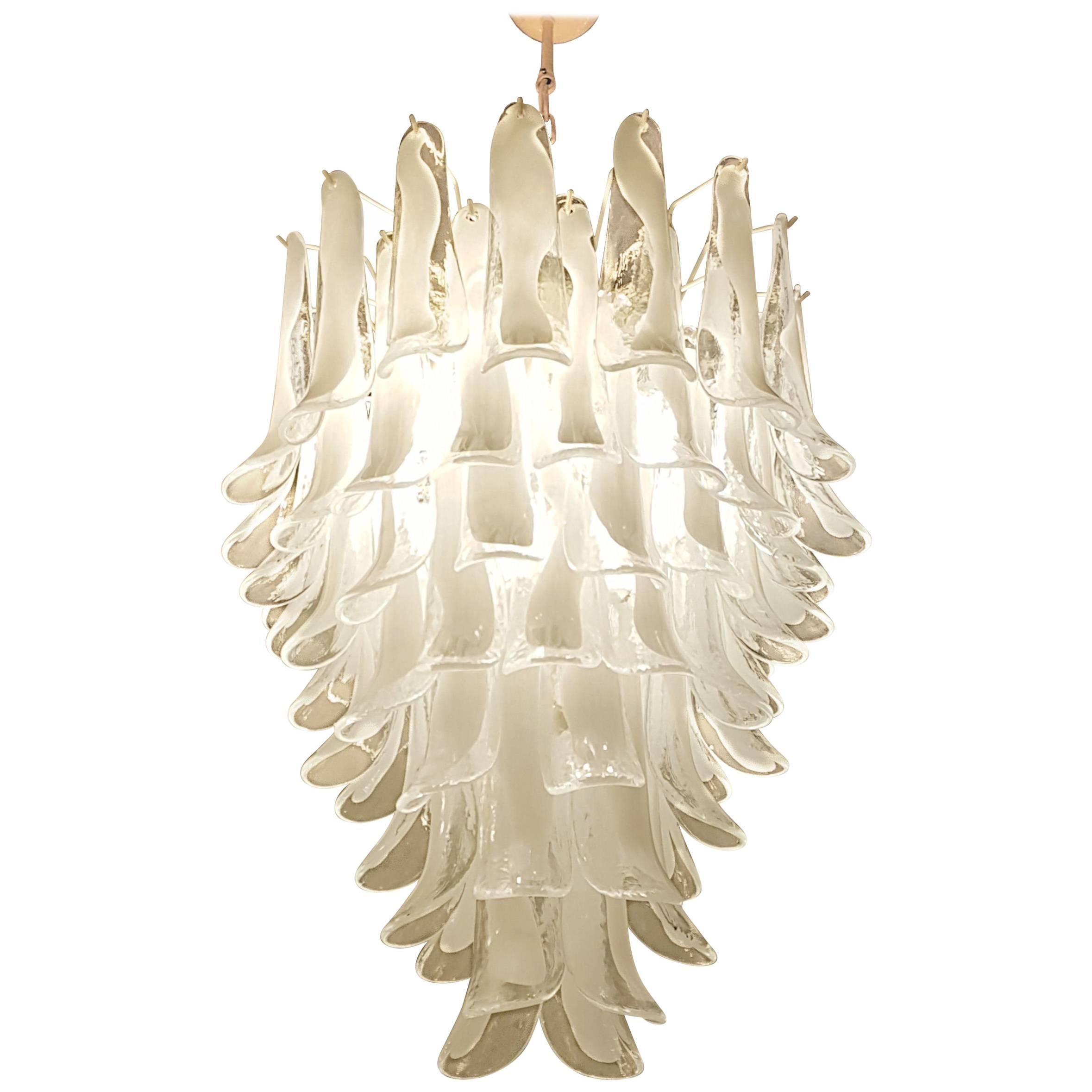 Mid-Century Modern Large Mazzega White/Clear Murano Petals Chandelier