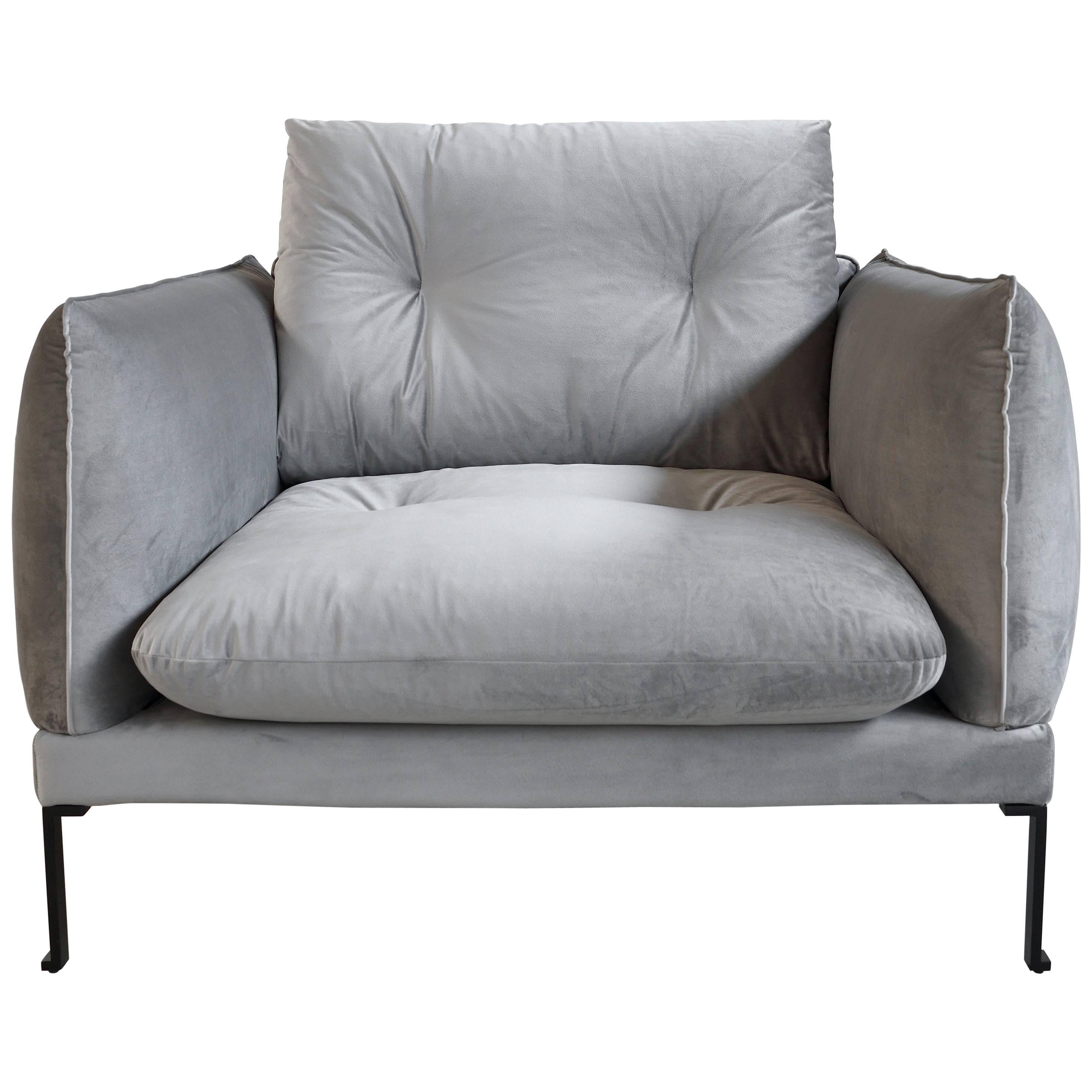 Santorini Handmade Contemporary Armchair, Tufted Cushions, Fabric Cover For Sale