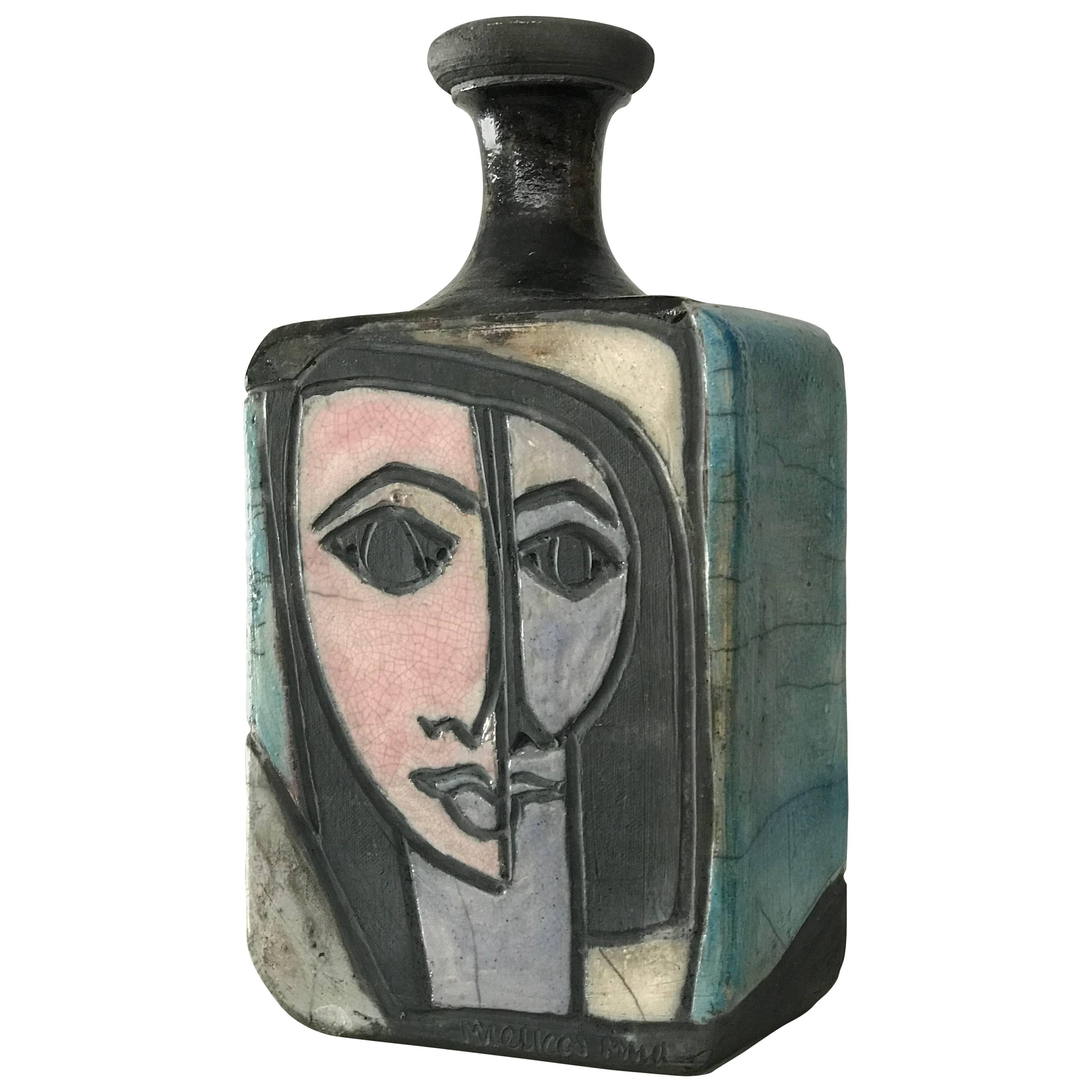 1960s Modernist Cubist Raku Vase or Bottle by Artist Linda Mielke