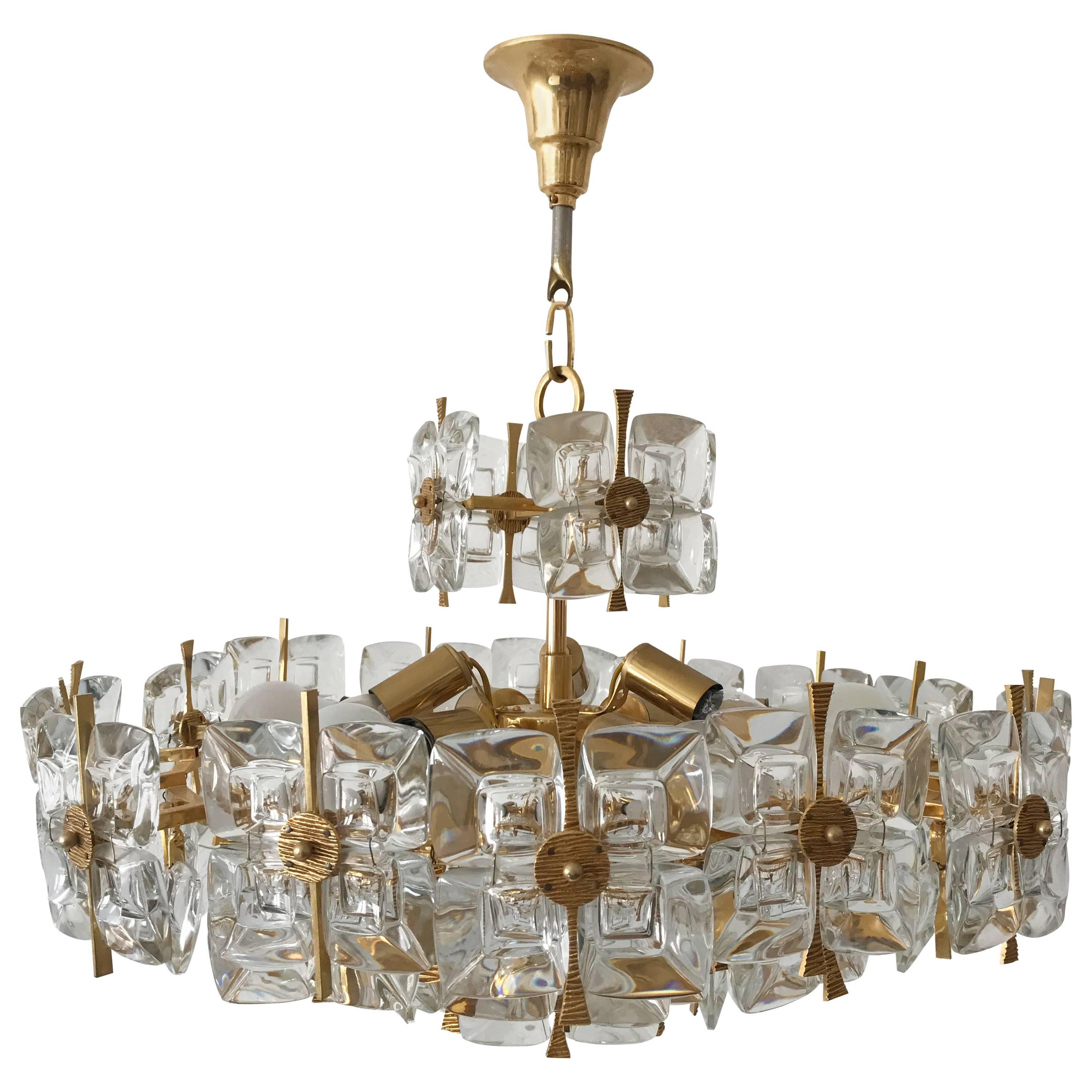 Large Gilt Brass and Glass Chandelier or Pendant Lamp by Palwa, Germany, 1970s