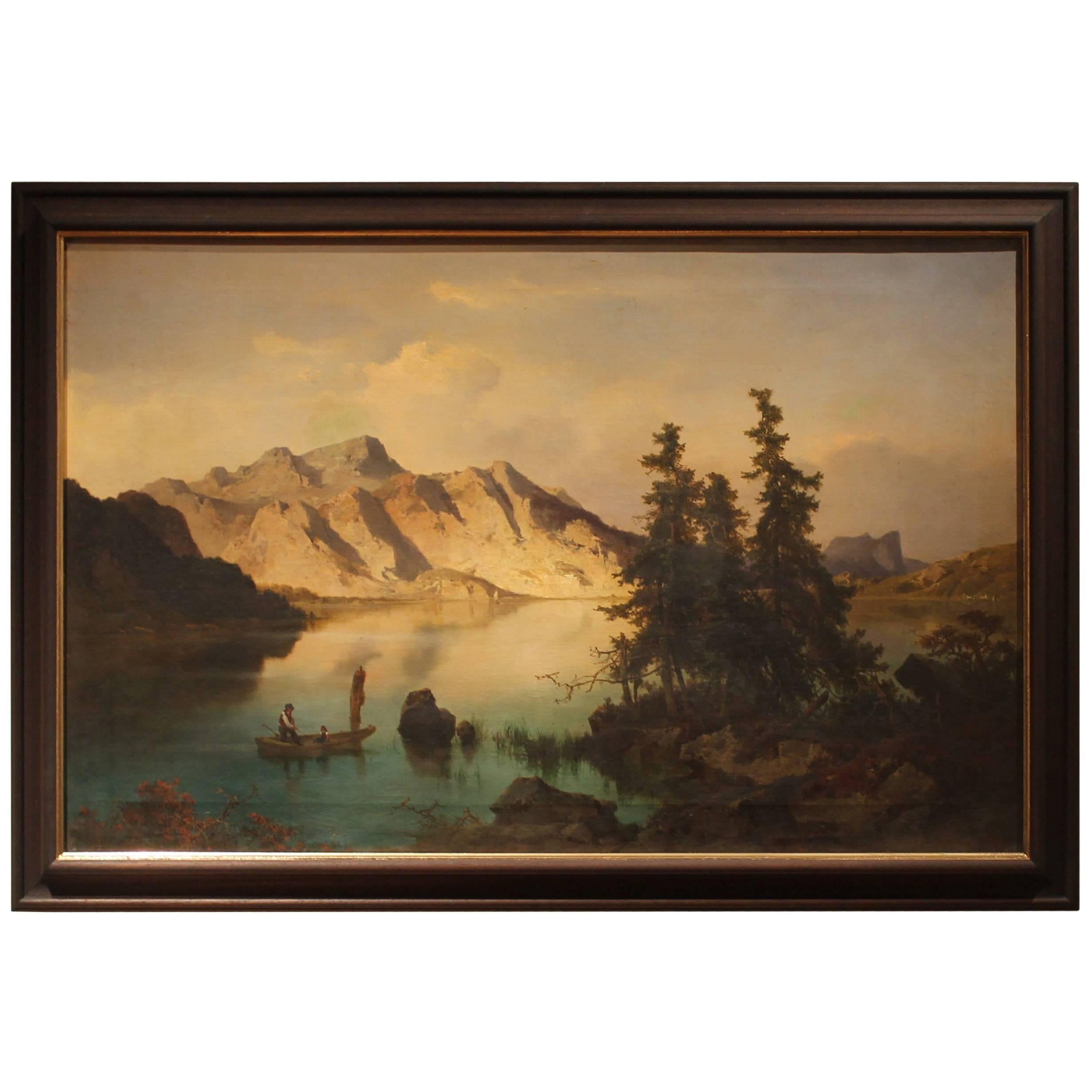 J. Brunner 1869 Öl auf Leinwand Österreichische Landschaft mit See und Berg Gemälde