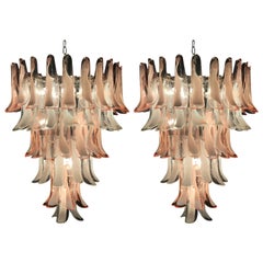  Pair of Murano glass Pink and White Petal Sumptuous Chandeliers Italy 1980s