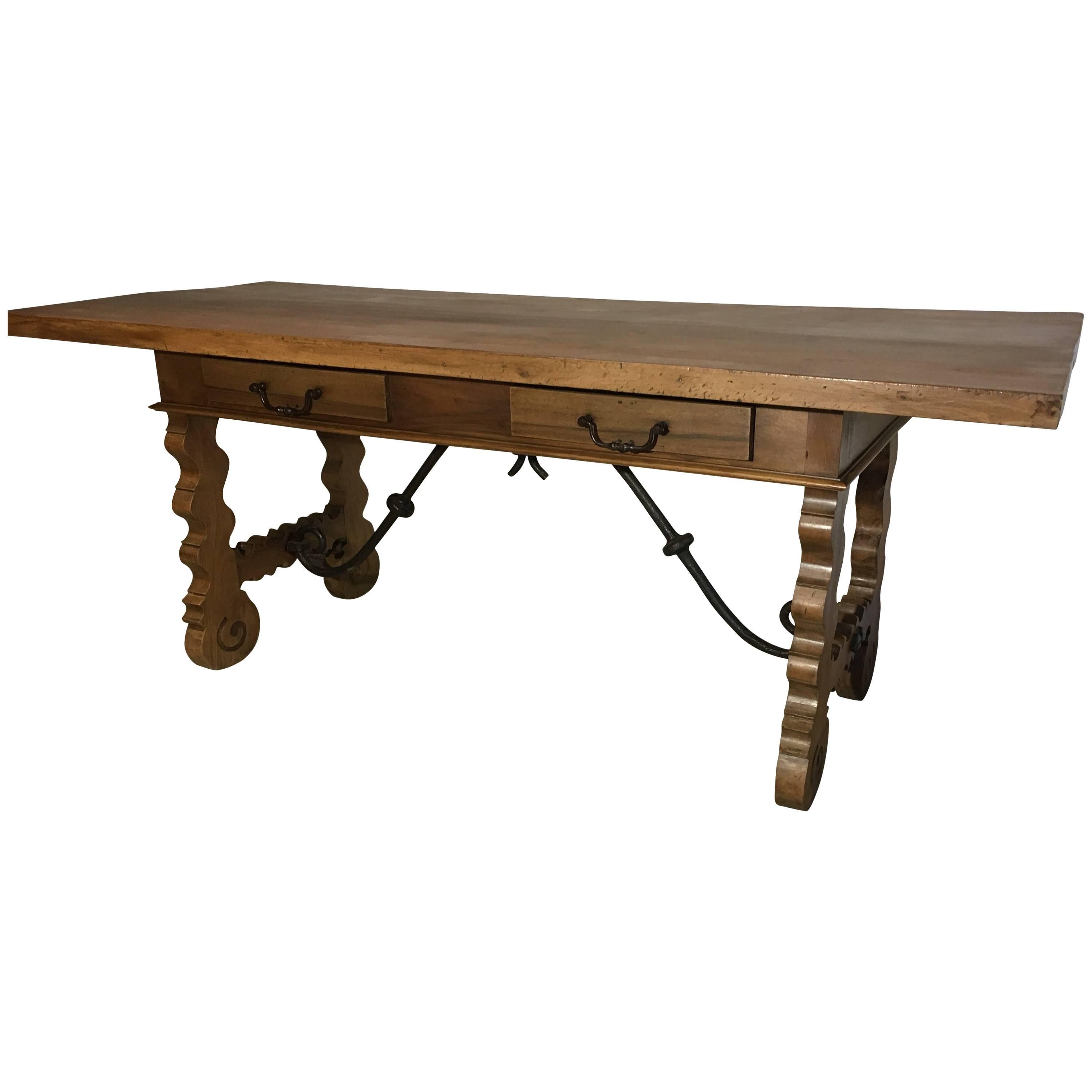 18th Century Baroque Farm Refectory Desk Table with Two Drawers & Stretchers For Sale