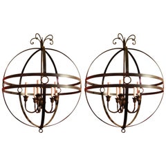 Pair of Italian 20th Century Hand-Wrought Iron Sphere Five Lights Chandelier