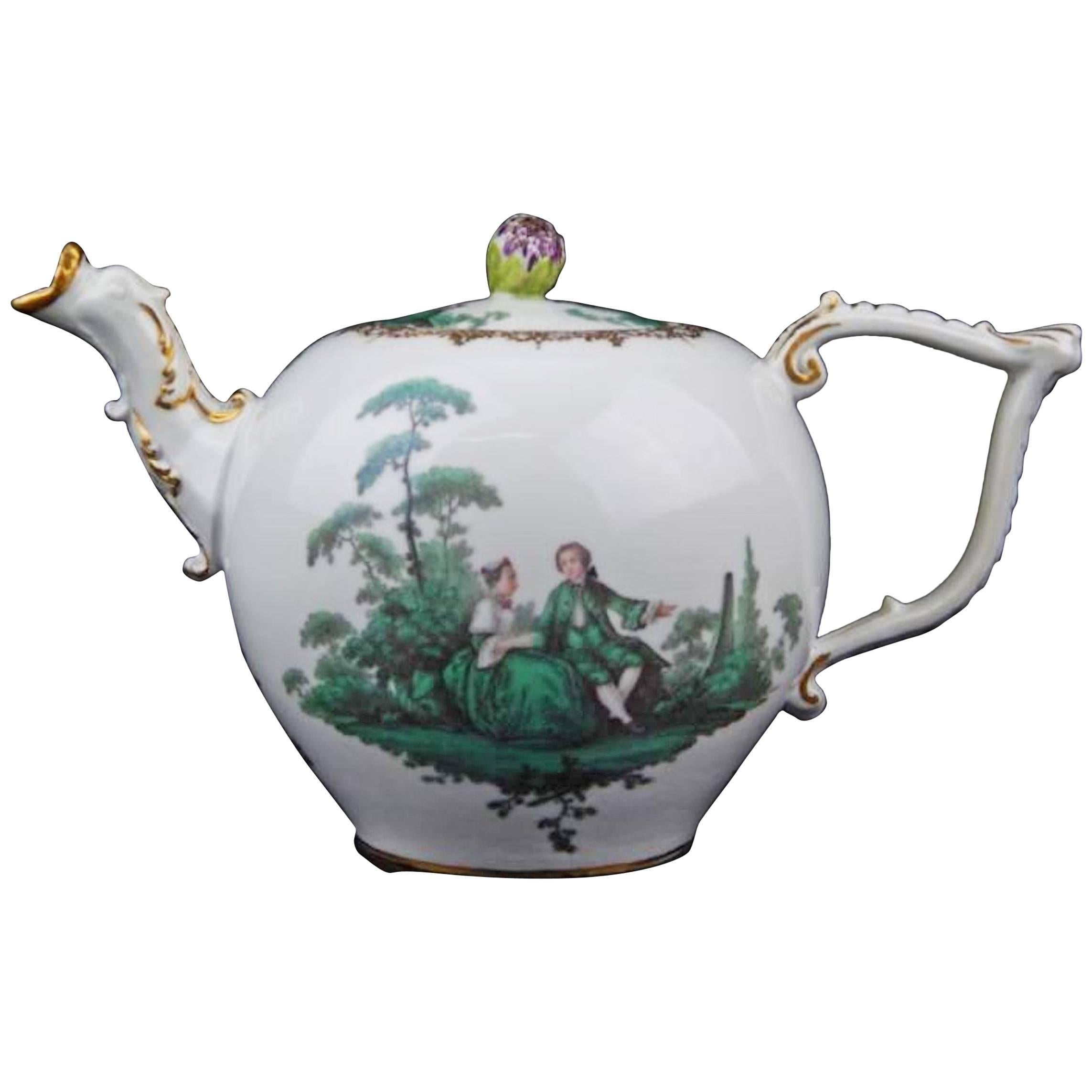 18th Century Antique Meissen Porcelain Green Watteau Tea Pot For Sale