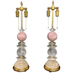 Wonderful Pair of Bagues Mid-Century Modern Rock Crystal Rose Quartz Table Lamps