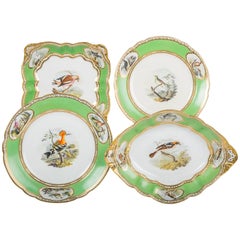 Antique Spode Dishes with Hand-Painted Birds and Apple Green Borders