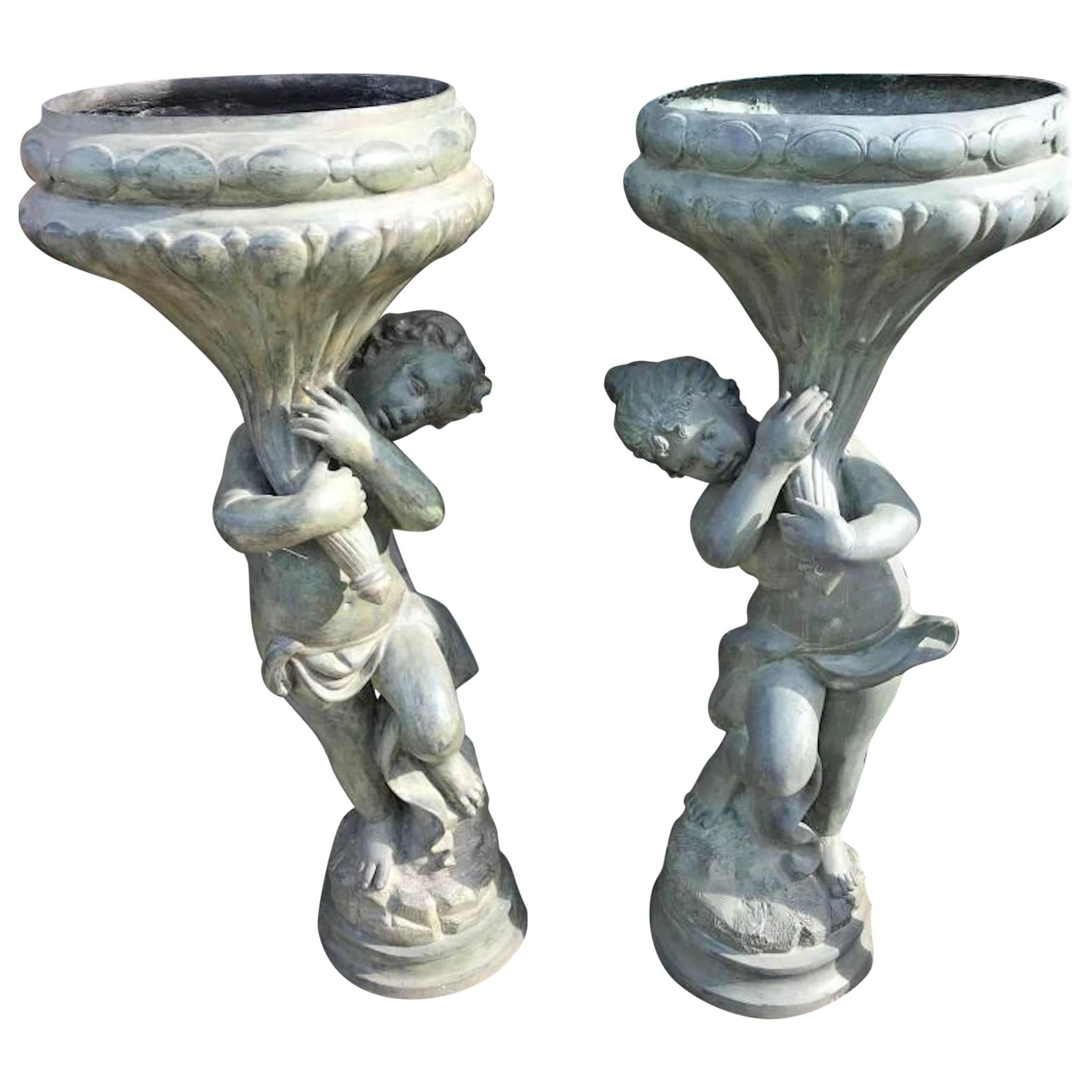 Pair of Bronze Planters of Boy and Girl