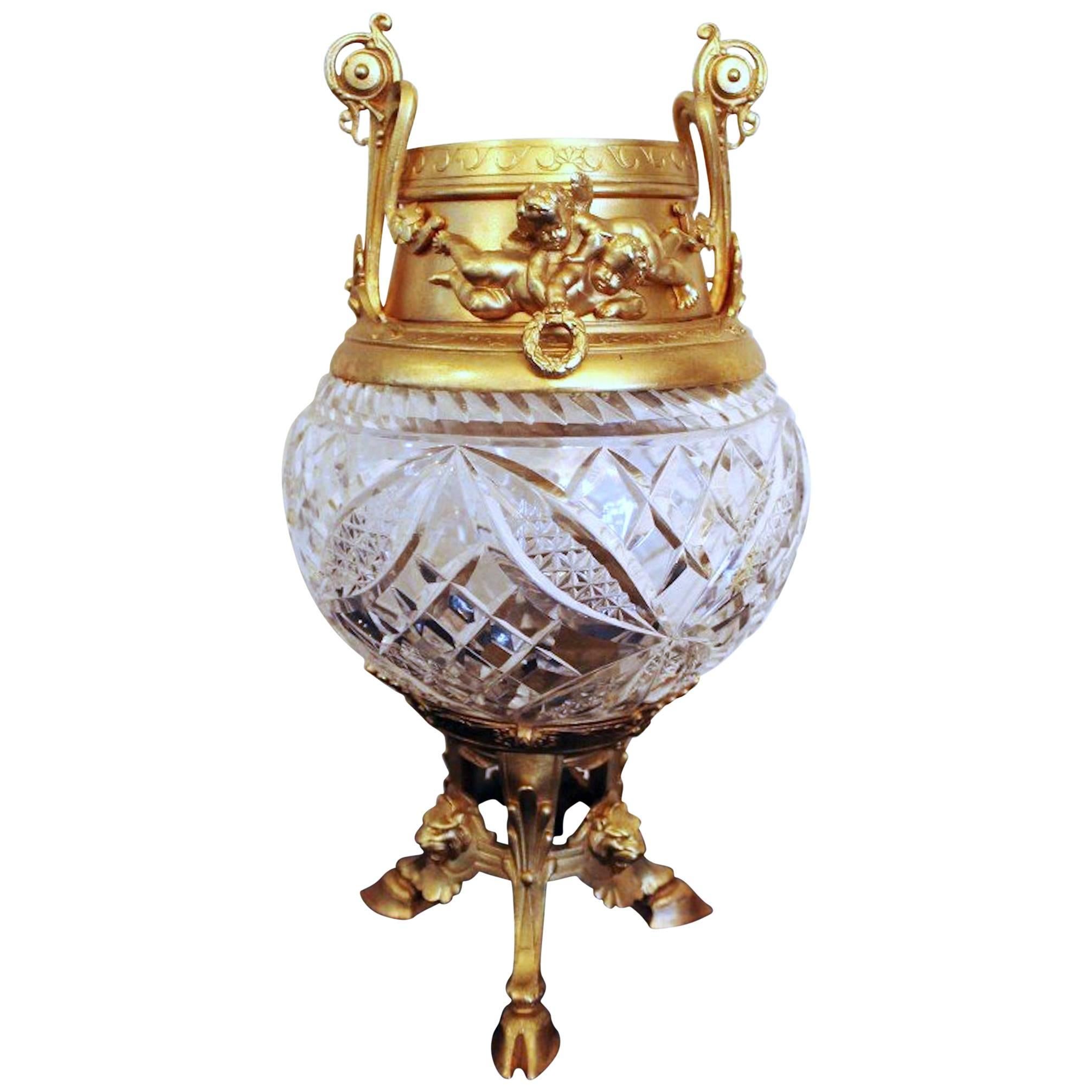 19th Century Antique Brass Ormolu and Cut Glass Vase