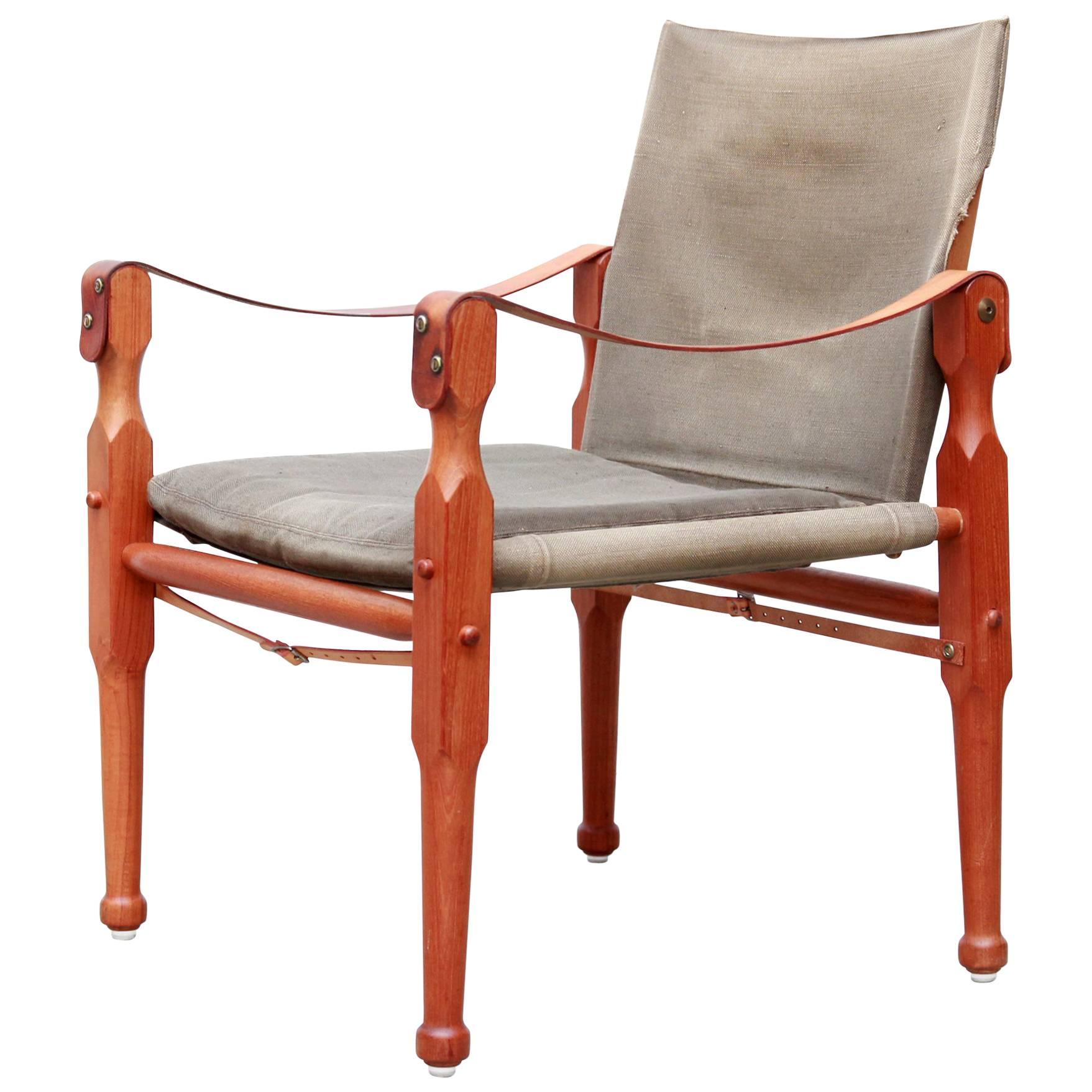 Teak Midcentury Danish Design Safari Chair in Green Canvas and Leather, 1950s