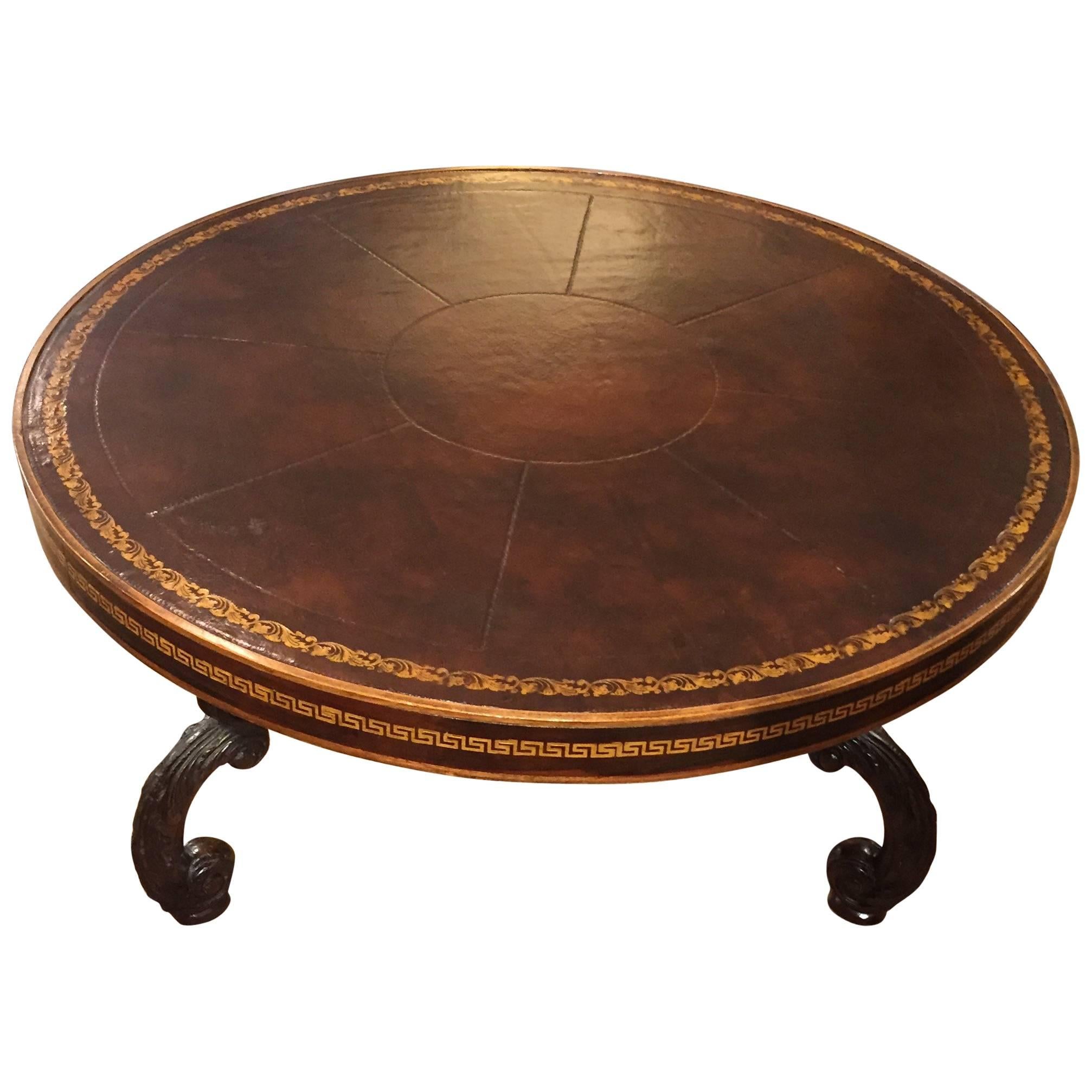 Handsome Tooled Leather Round Coffee Cocktail Table with Greek Key Design