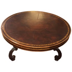 Handsome Tooled Leather Round Coffee Cocktail Table with Greek Key Design