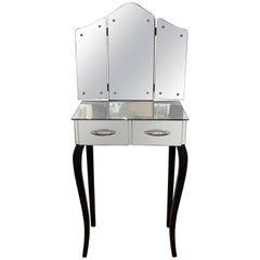 Art Deco Vanity with Mirrored Surface and Trifold Mirror