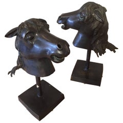 Vintage Dramatic Pair of Bronze Horse Head Bust Sculptures