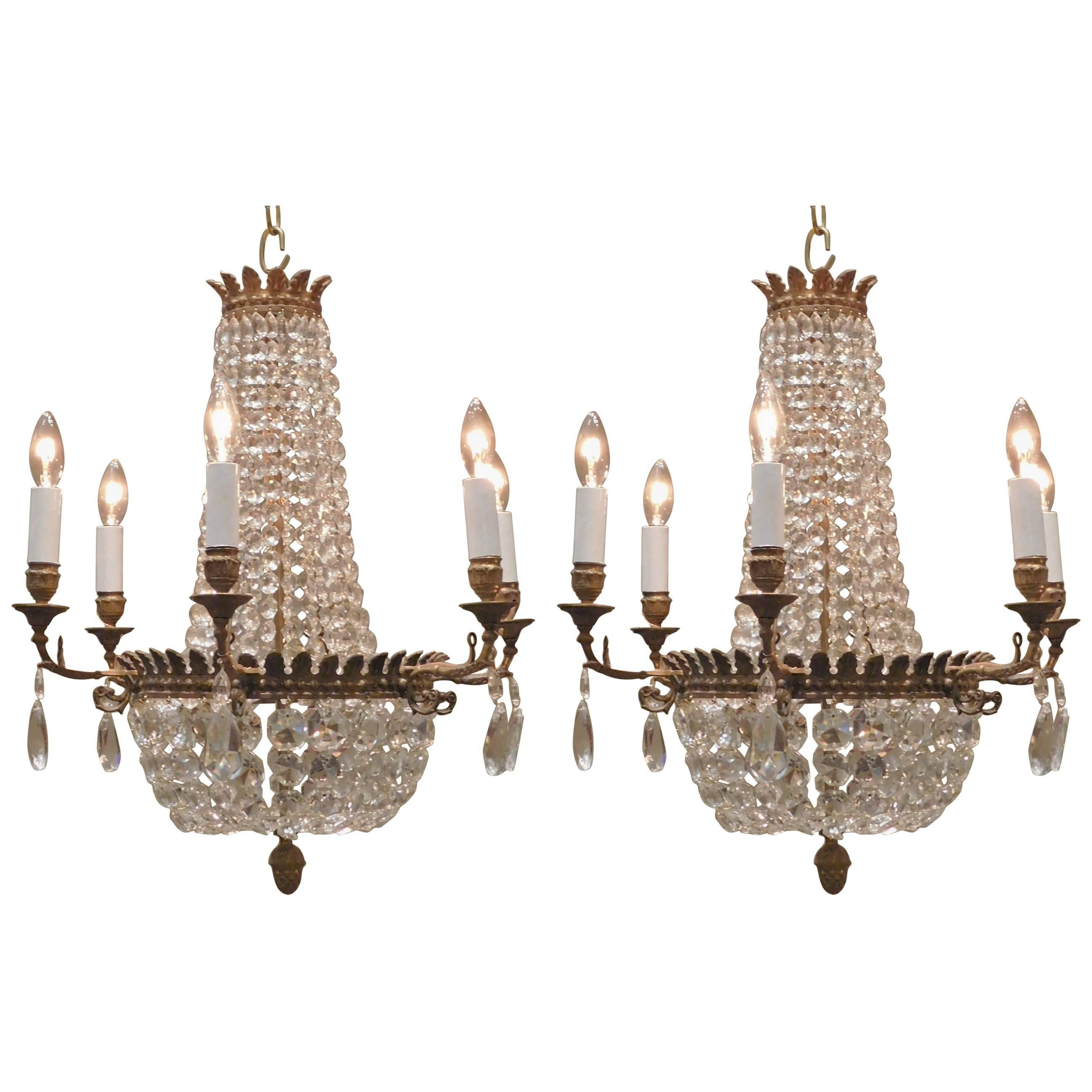 Pair of Neo-Classic Style Six-Light Bronze Chandeliers, France, circa 1890