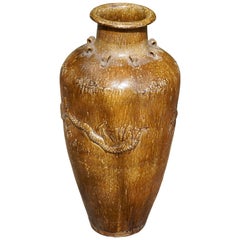 Antique Large Chinese Martaban Ming Dynasty Stoneware Storage Vase with Dragons