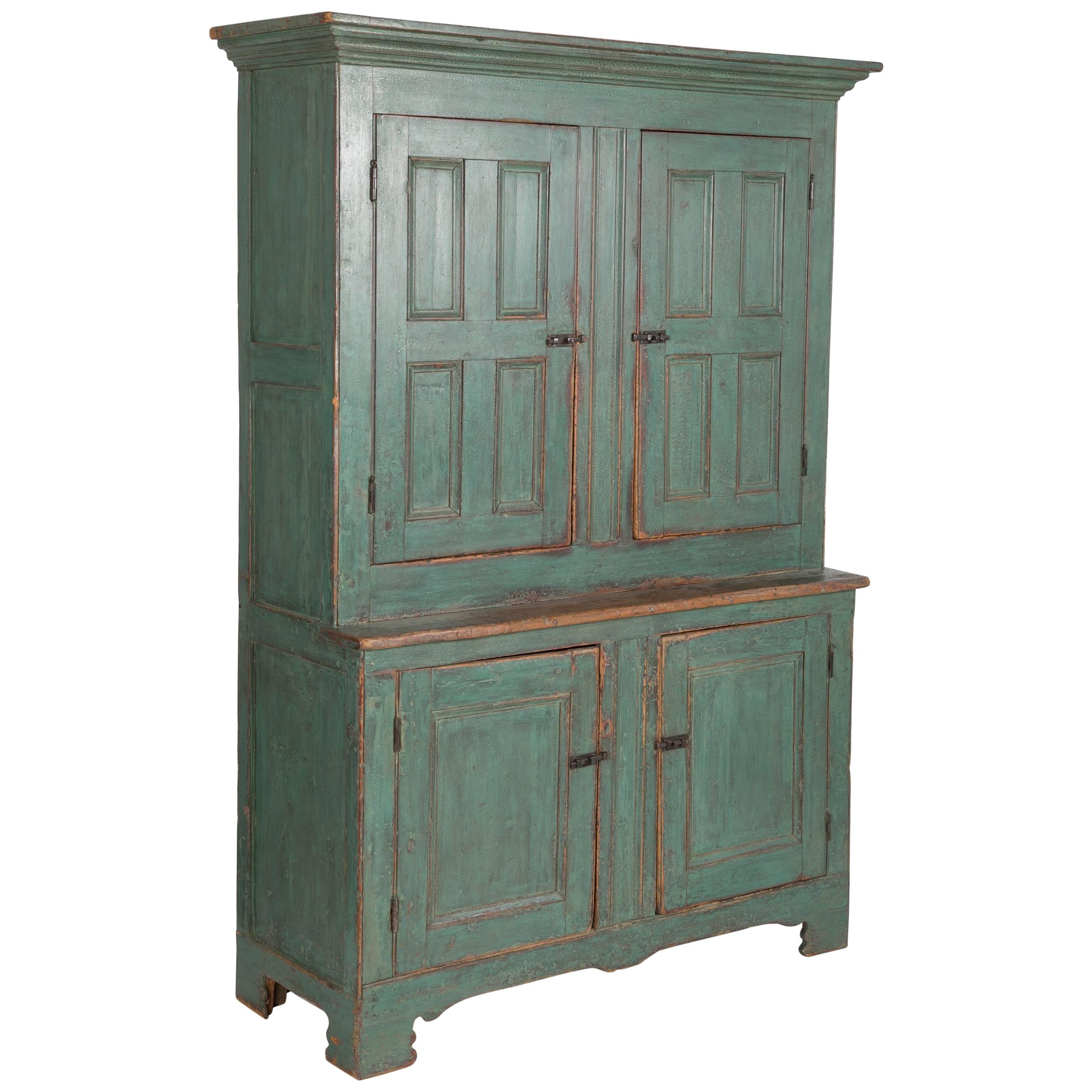 Early American Stepback Cupboard in Blue Paint with Excellent Patina