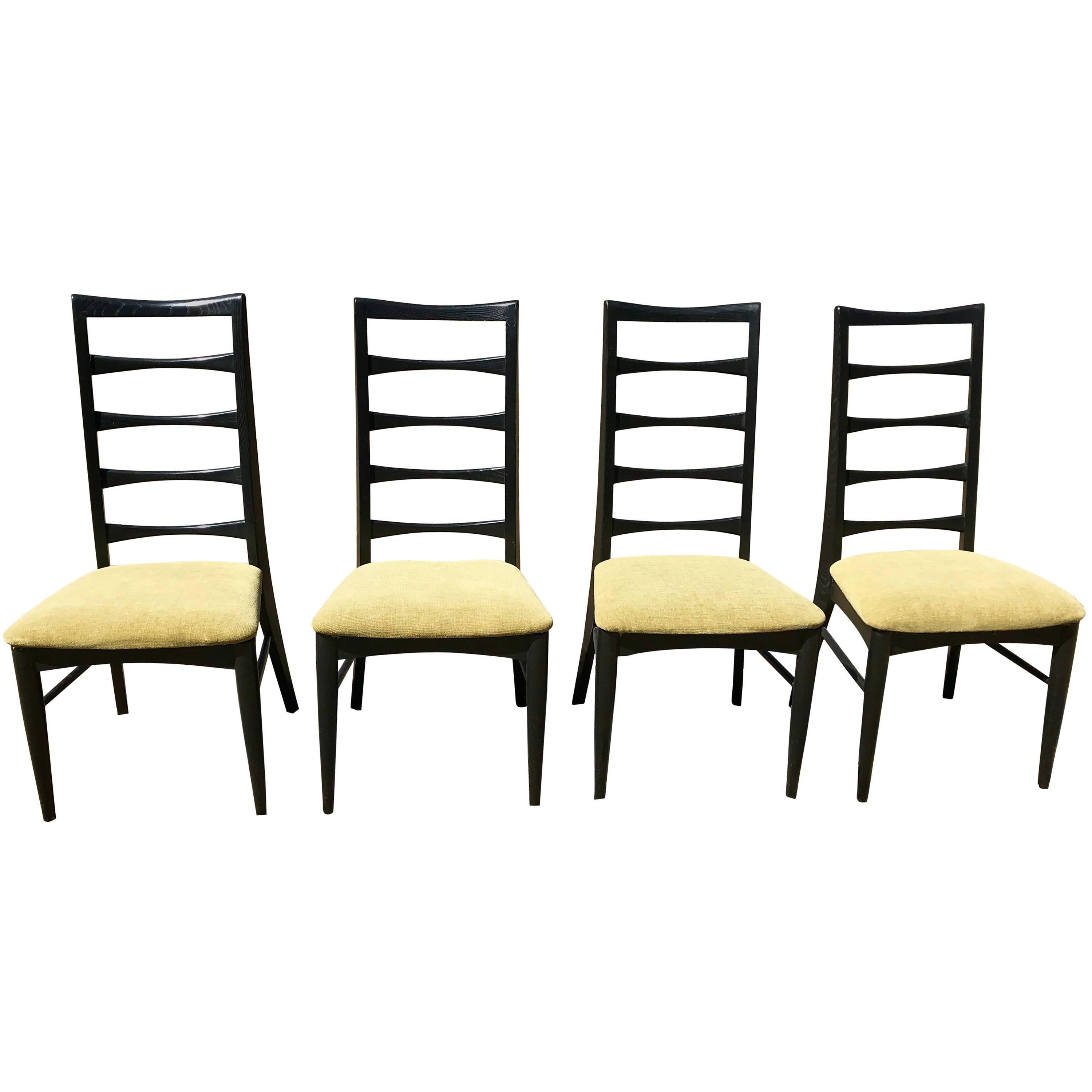 Set of Four Mid Century Black Dining Chairs Ladder Back and Upholstered, 1960's