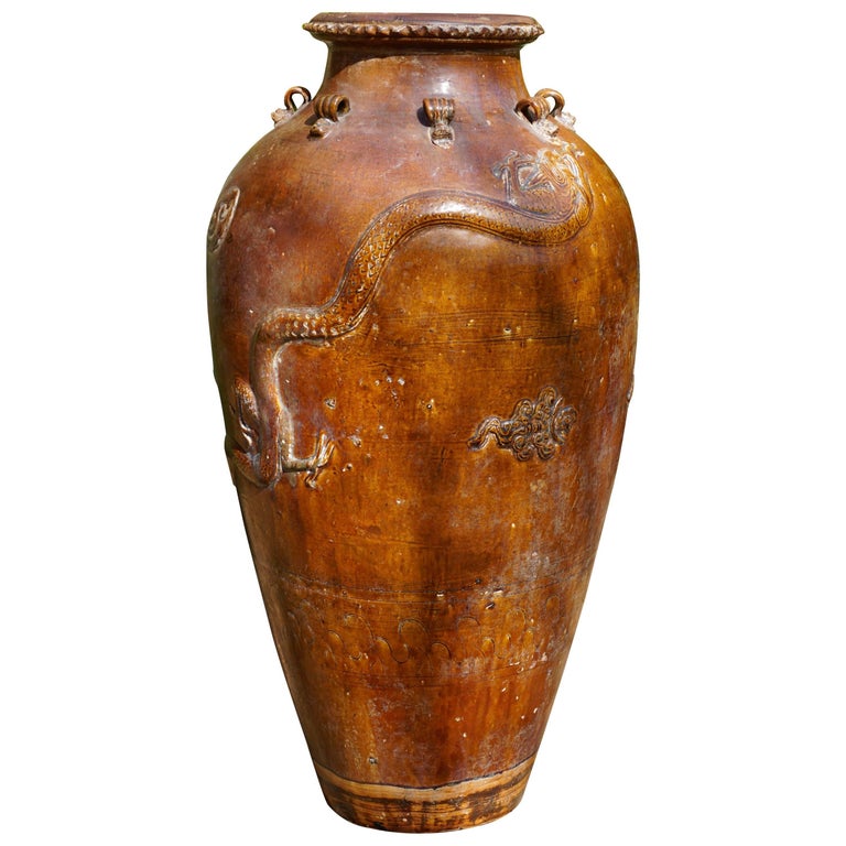 Chinese Ming dynasty Martaban 39 Inch Stoneware Storage Vase with Dragons For Sale