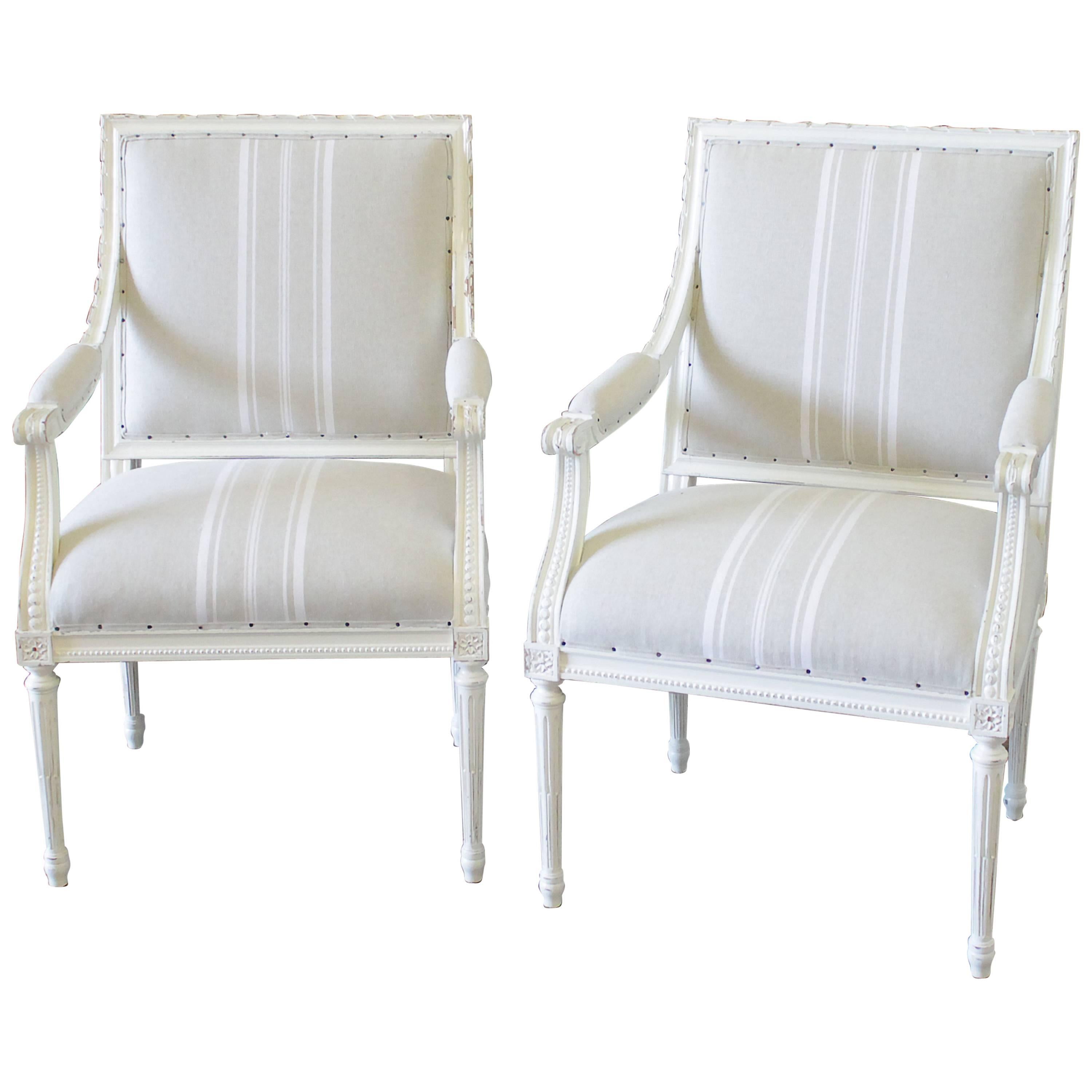 Pair of Louis XVI Style Armchairs in Natural French Stripe Linen