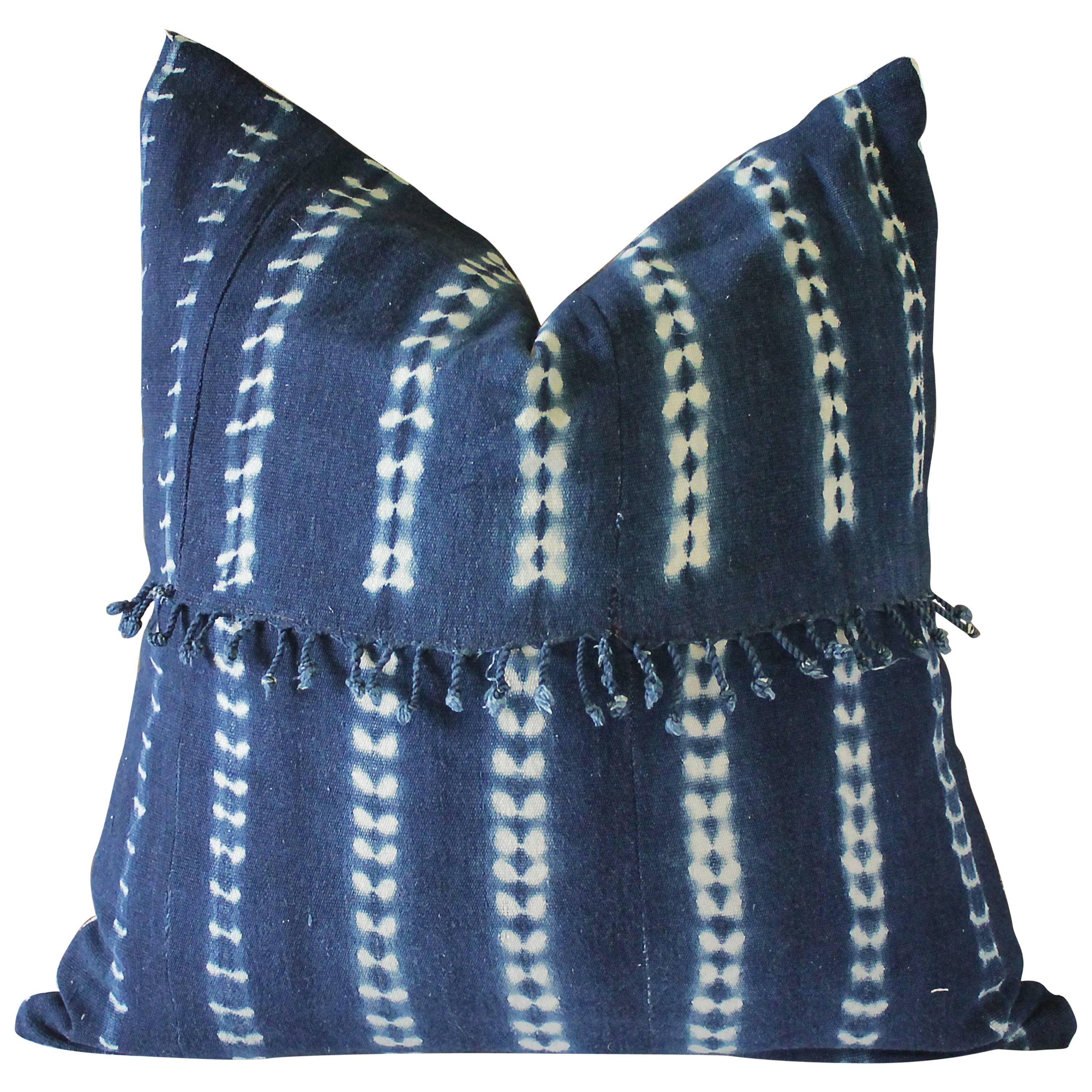 Antique Indigo Blue Batik Accent Pillows with Fringe