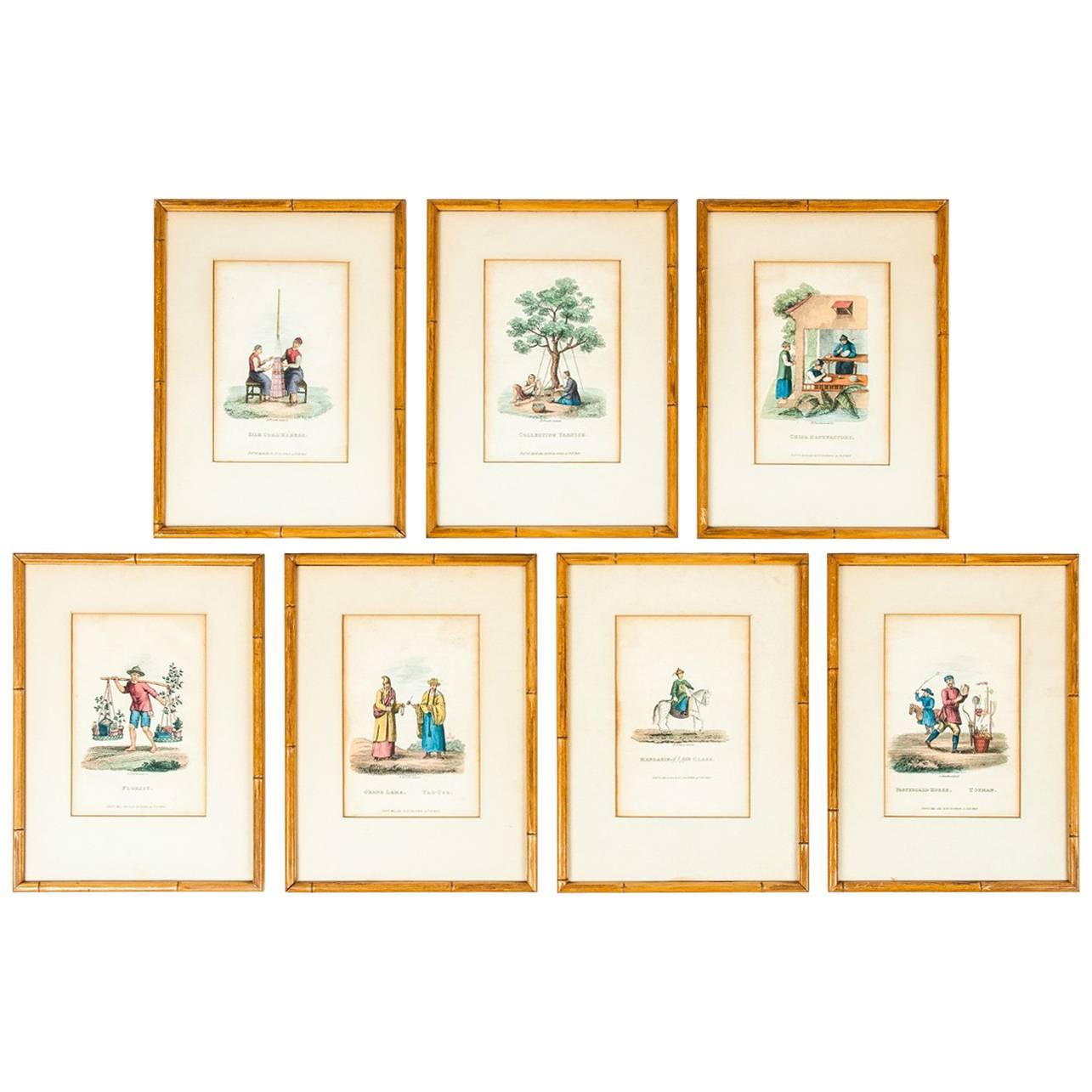 Antique Set Chinoiserie Prints in Bamboo Framed