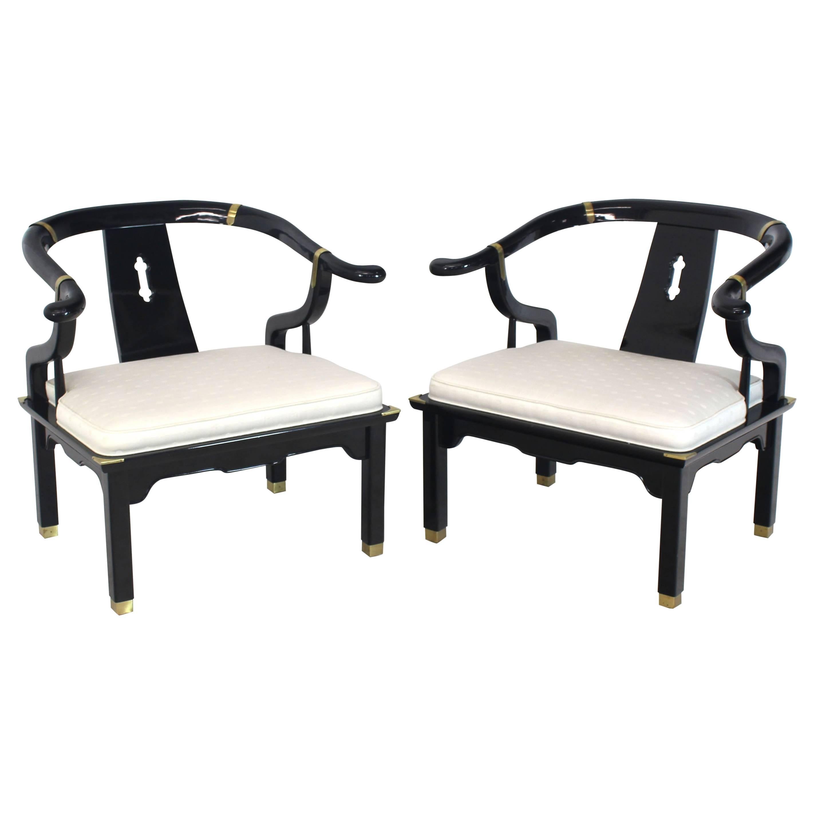 Pair of Black Lacquer Brass Hardware Horse Shoe Barrel Back Lounge Chairs
