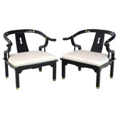 Vintage Pair of Black Lacquer Brass Hardware Horse Shoe Barrel Back Lounge Chairs