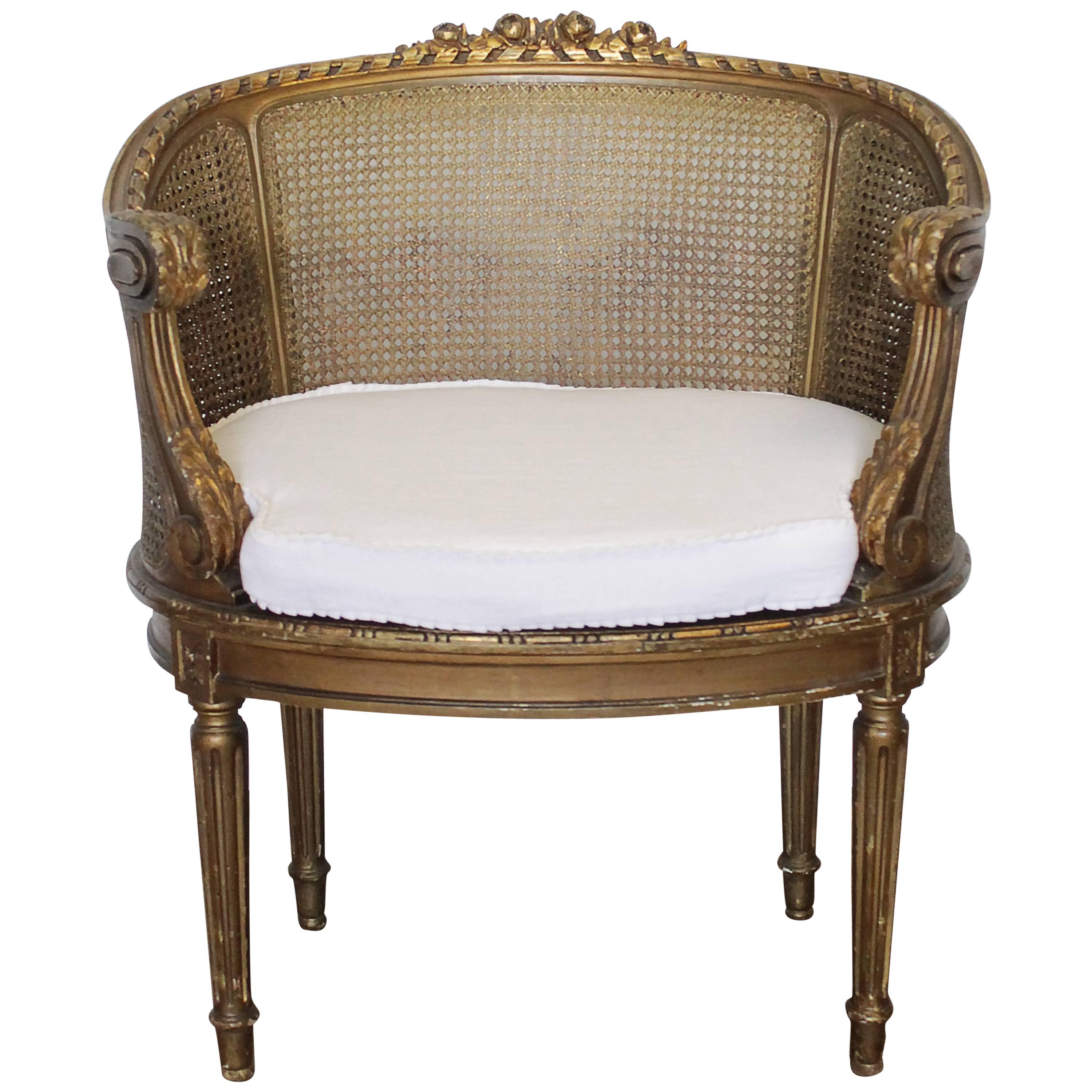 19th Century Antique French Cane Back Louis XVI Style Chair with Gilt Finish