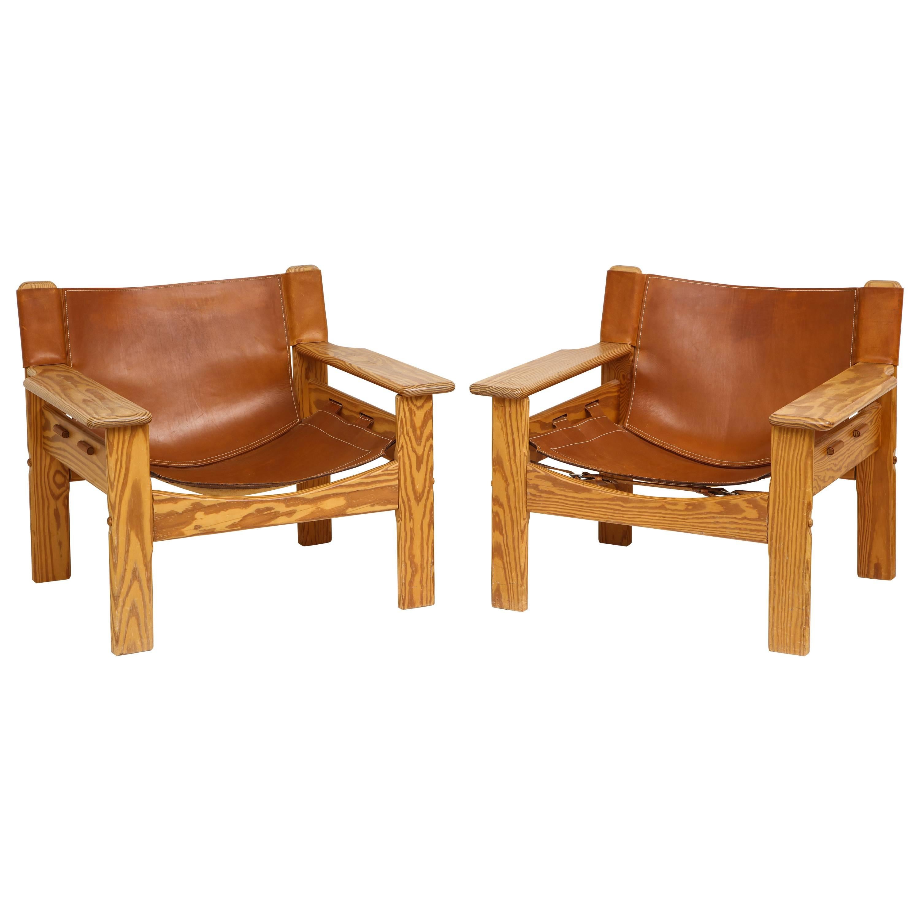 Pair of Wood and Leather Spanish Safari Chairs