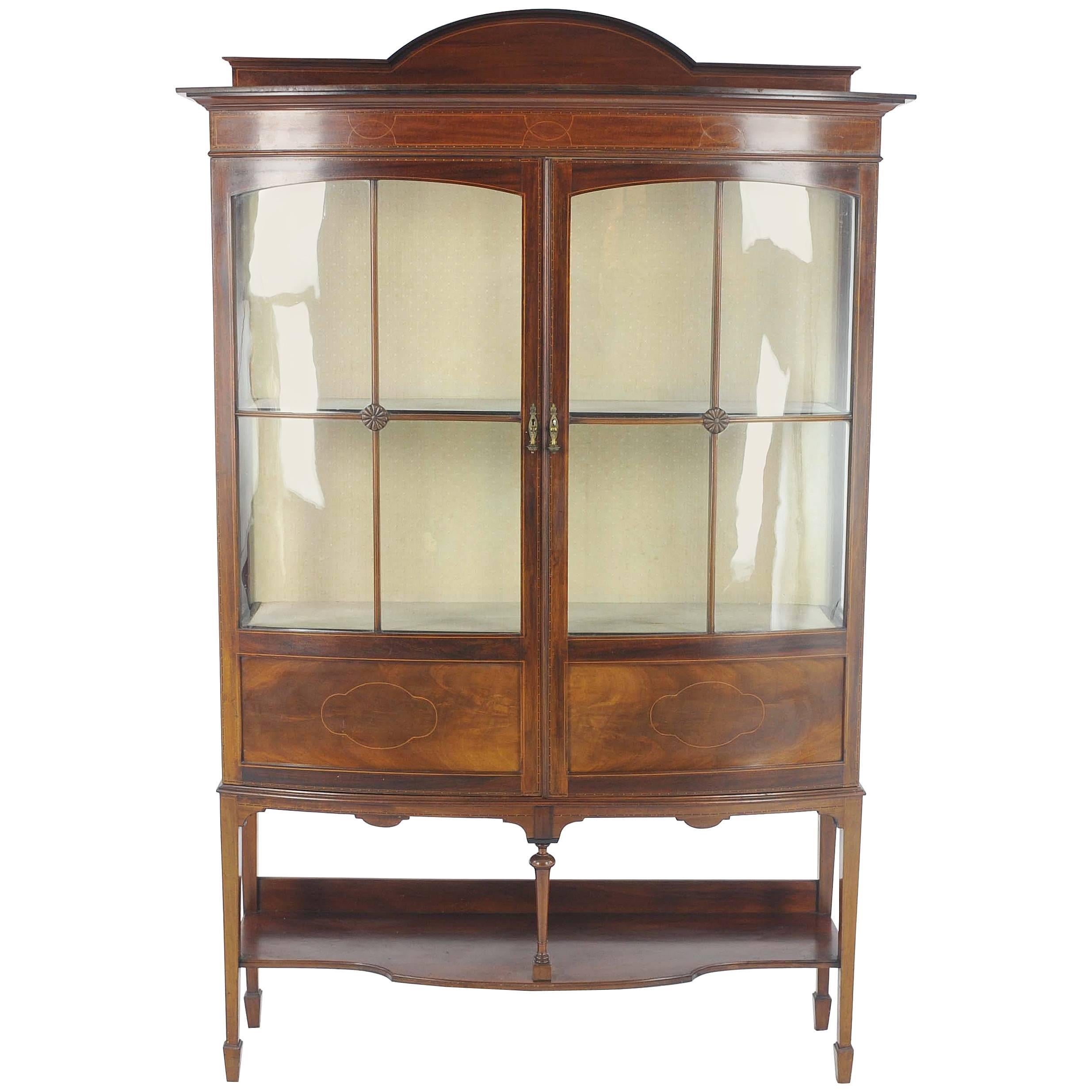 Antique China Cabinet, Inlaid Walnut, Bow Front Cabinet, Scotland, 1910
