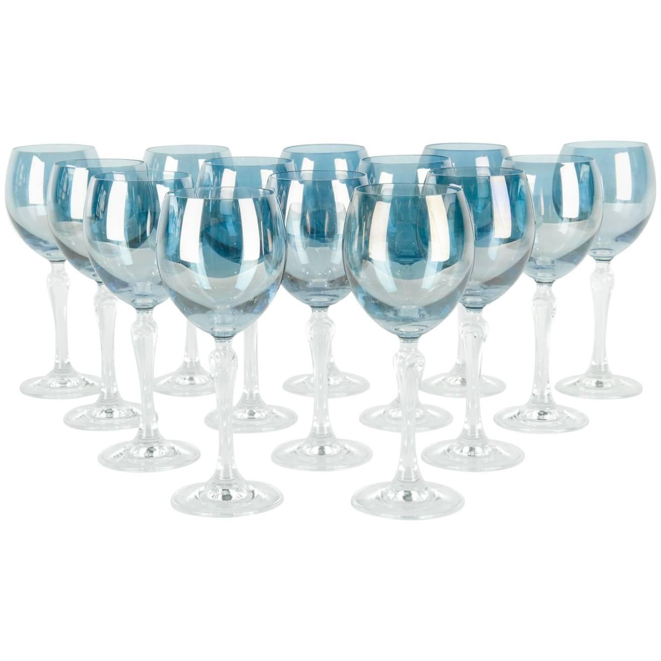 Late 20th Century Iridescent Blue Crystal Glassware Set