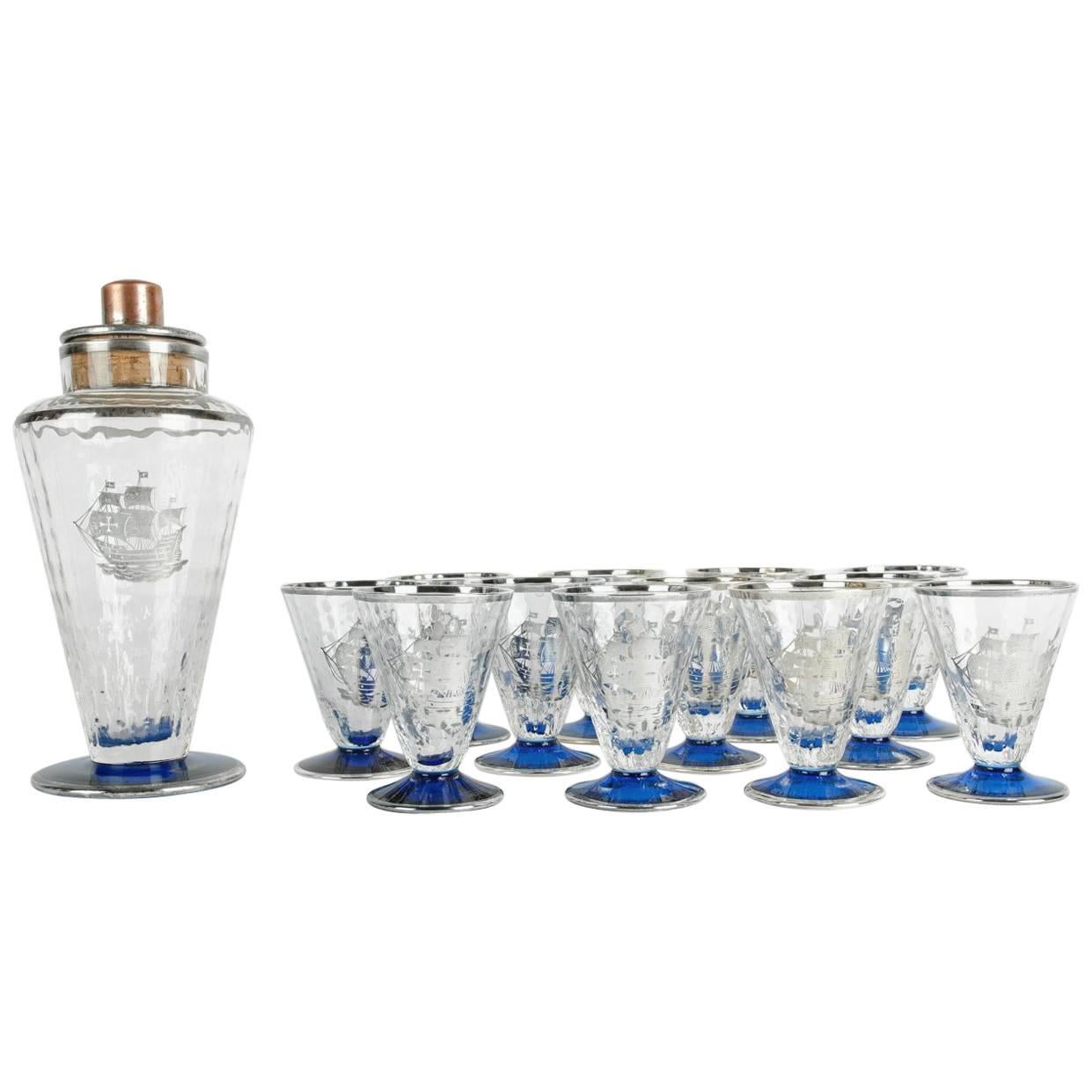 Antique Martini / Cocktail Shaker Set with Sterling Inlaid Ship Design