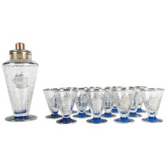 Antique Martini / Cocktail Shaker Set with Sterling Inlaid Ship Design