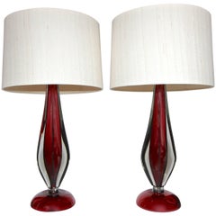 Pair of Large Flavio Poli Seguso Sommerso Murano Red Glass Table Lamps