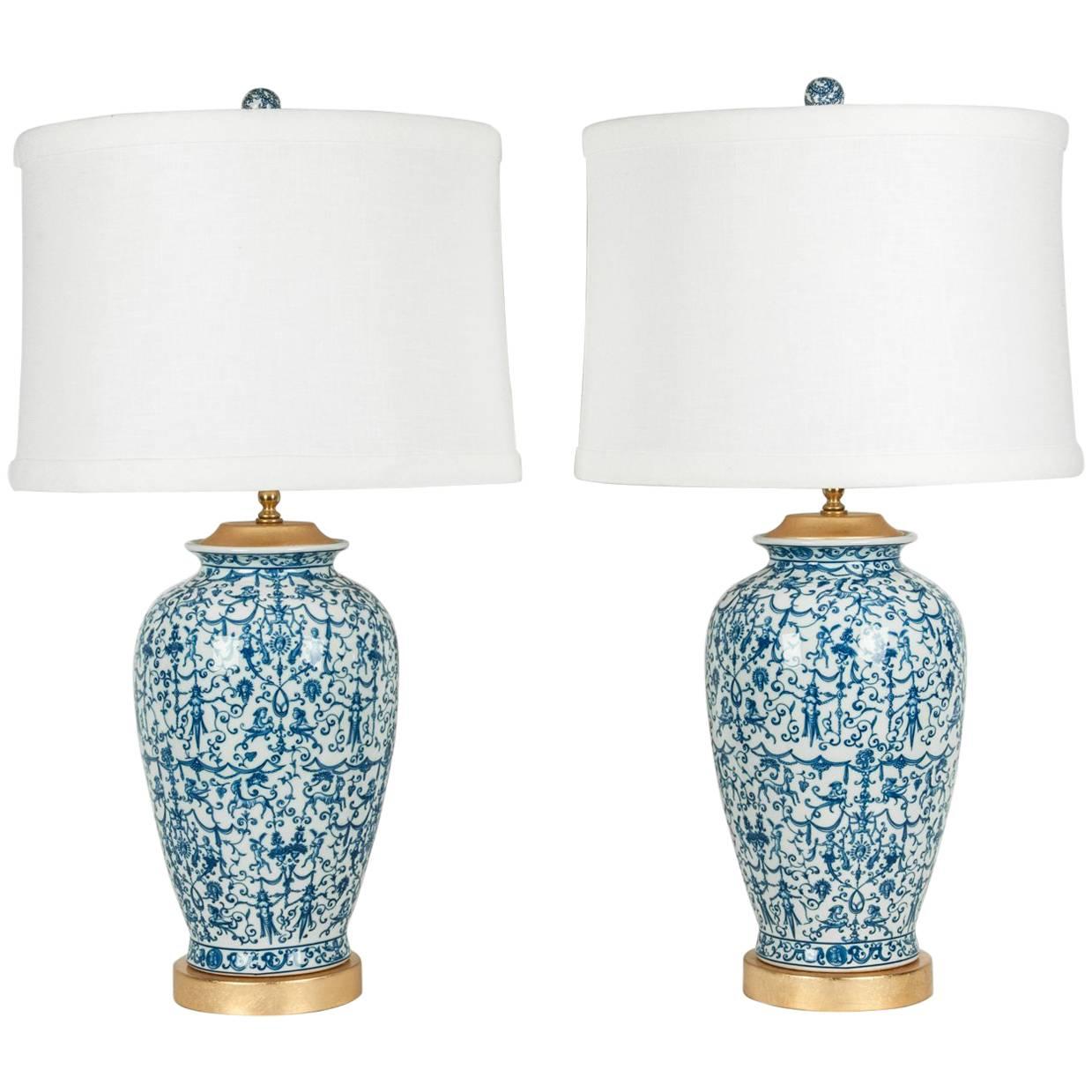 Pair of Porcelain with Wooden Base Gold-Plated Task Table Lamps