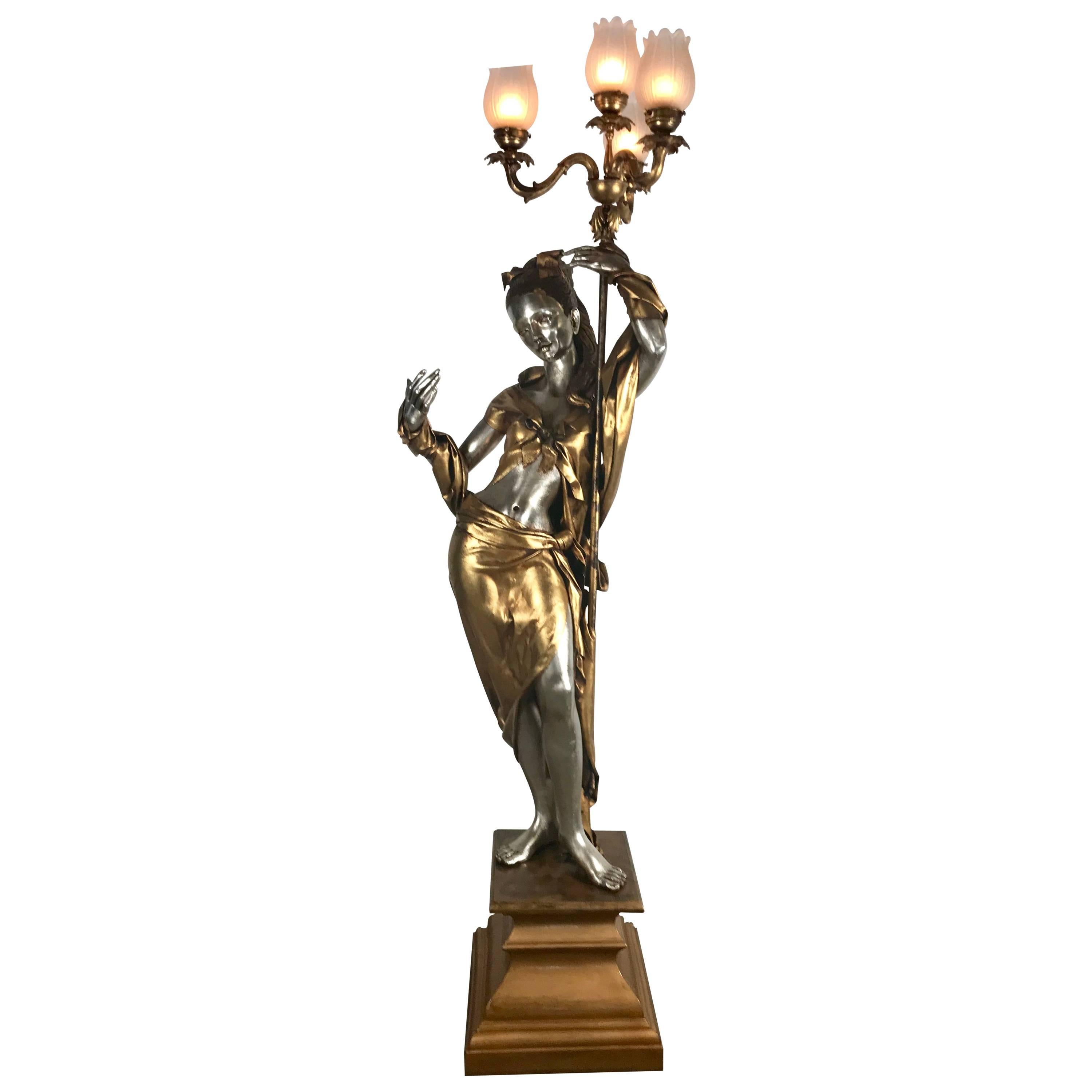 Life-Like Figural Woman Torchere Floor Lamp, Gold and Silver Leaf by ARP