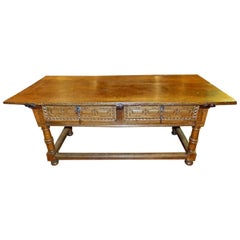 Antique Early to Mid 17th Century Two-Drawer Spanish Library Table, Walnut and Chestnut