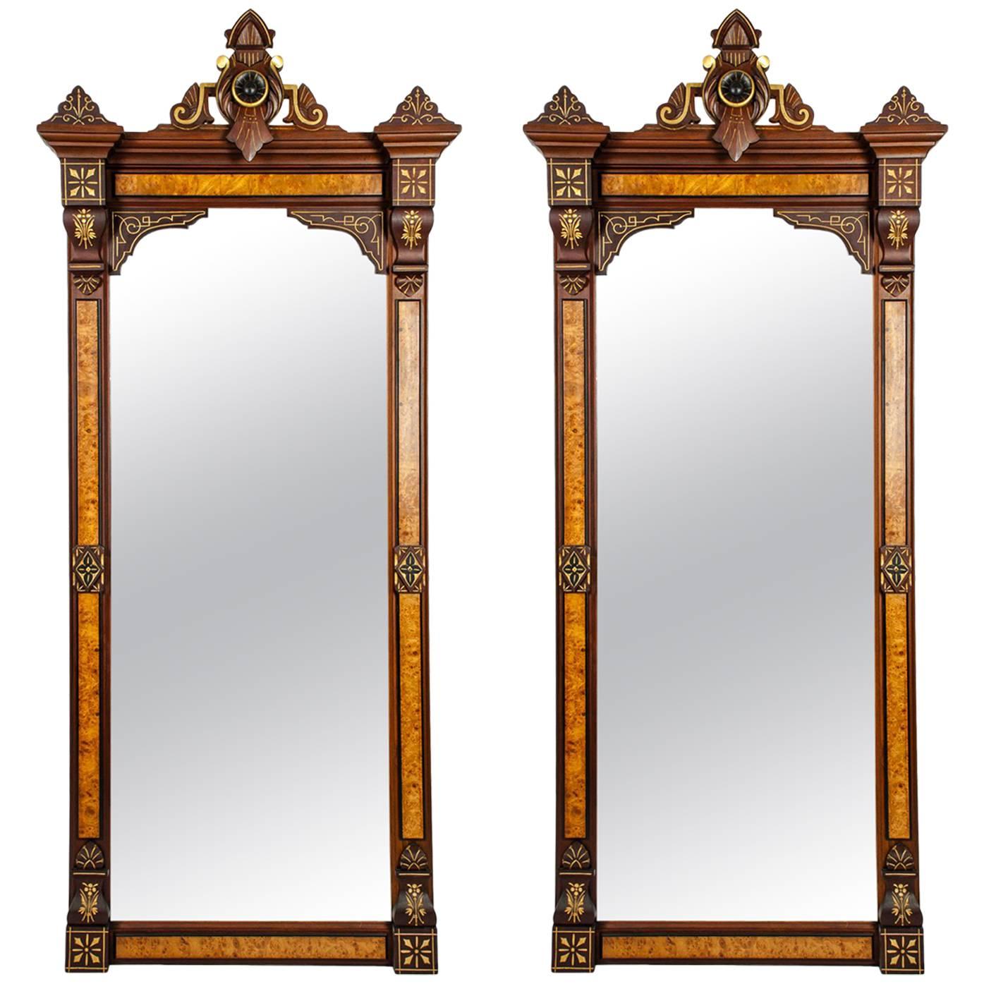 Antique Pair of Victorian Burlwood or Walnut Pier Mirrors