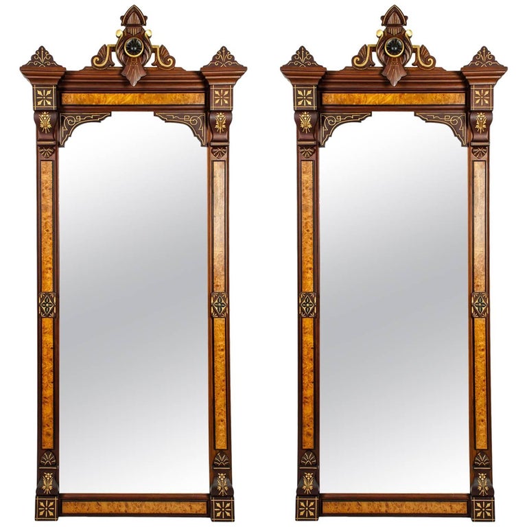 Antique Pair of Victorian Burlwood or Walnut Pier Mirrors at 1stDibs