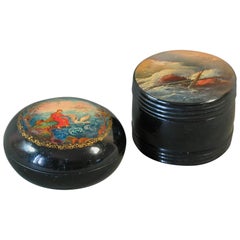 Vintage Two Circular Russian Lacquer Boxes