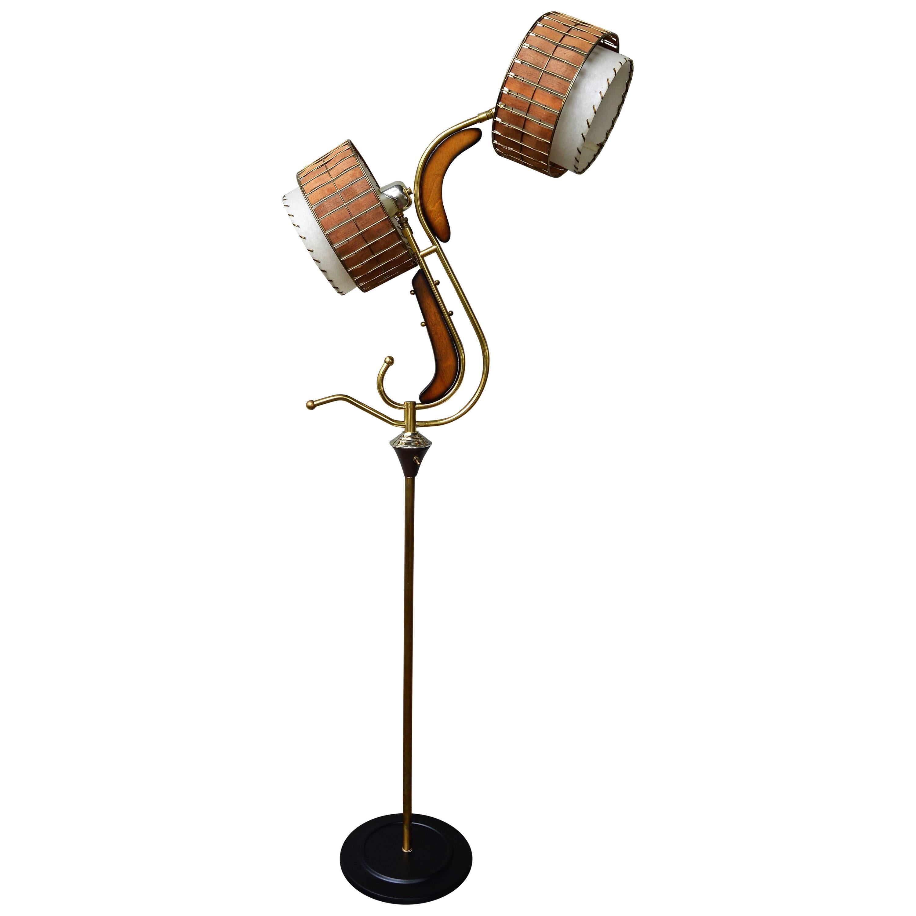 Atomic Style Majestic Floor Lamp with Original Fibreglass and Wood Slat Shades For Sale