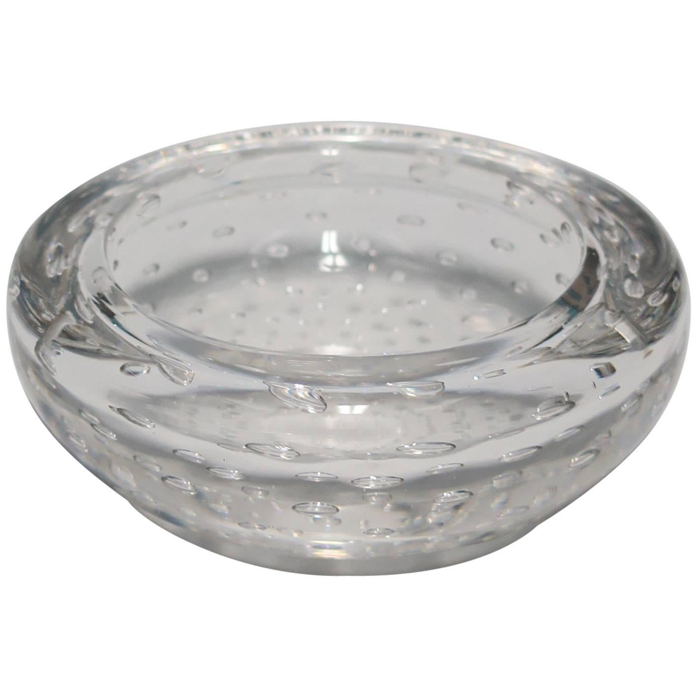 Italian Murano Clear Art Glass Bowl with Bubble Design For Sale