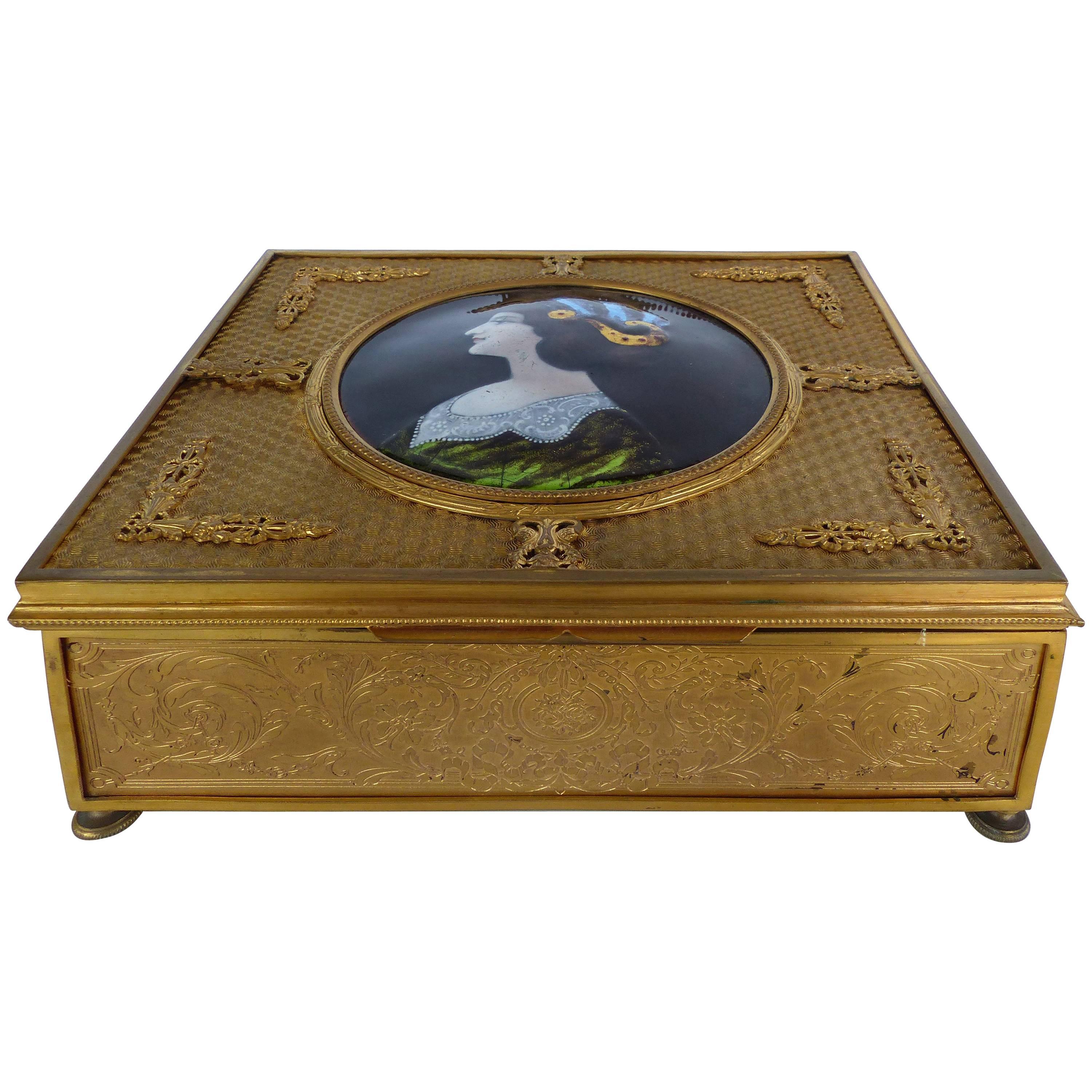 19th Century European Gilt Bronze Dresser Box with Enamel Plaque