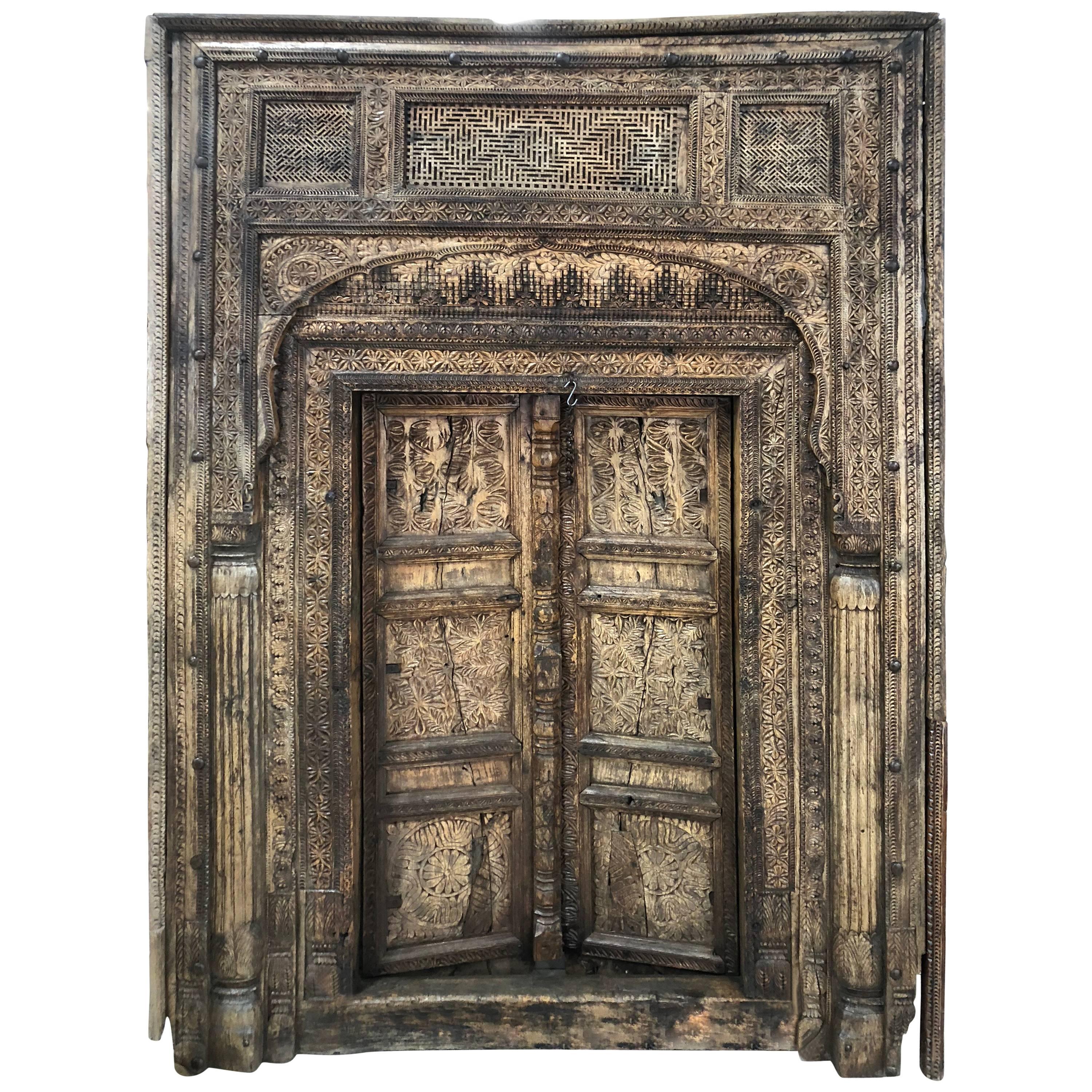 Antique Nuristan Afghani Hand-Carved Wood Doorway, 1800