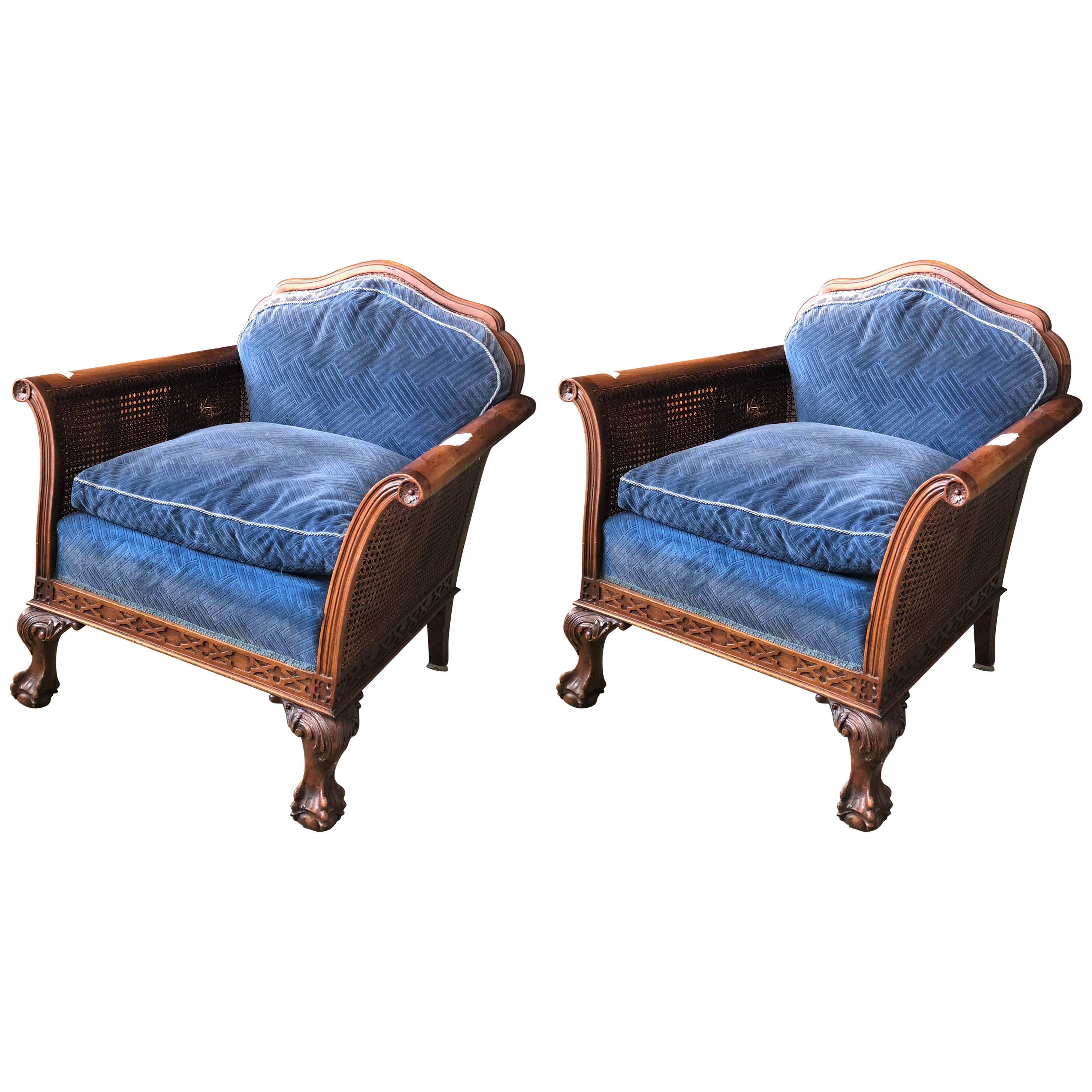 Two Blue Carved Neoclassical Wood Cane Armchairs